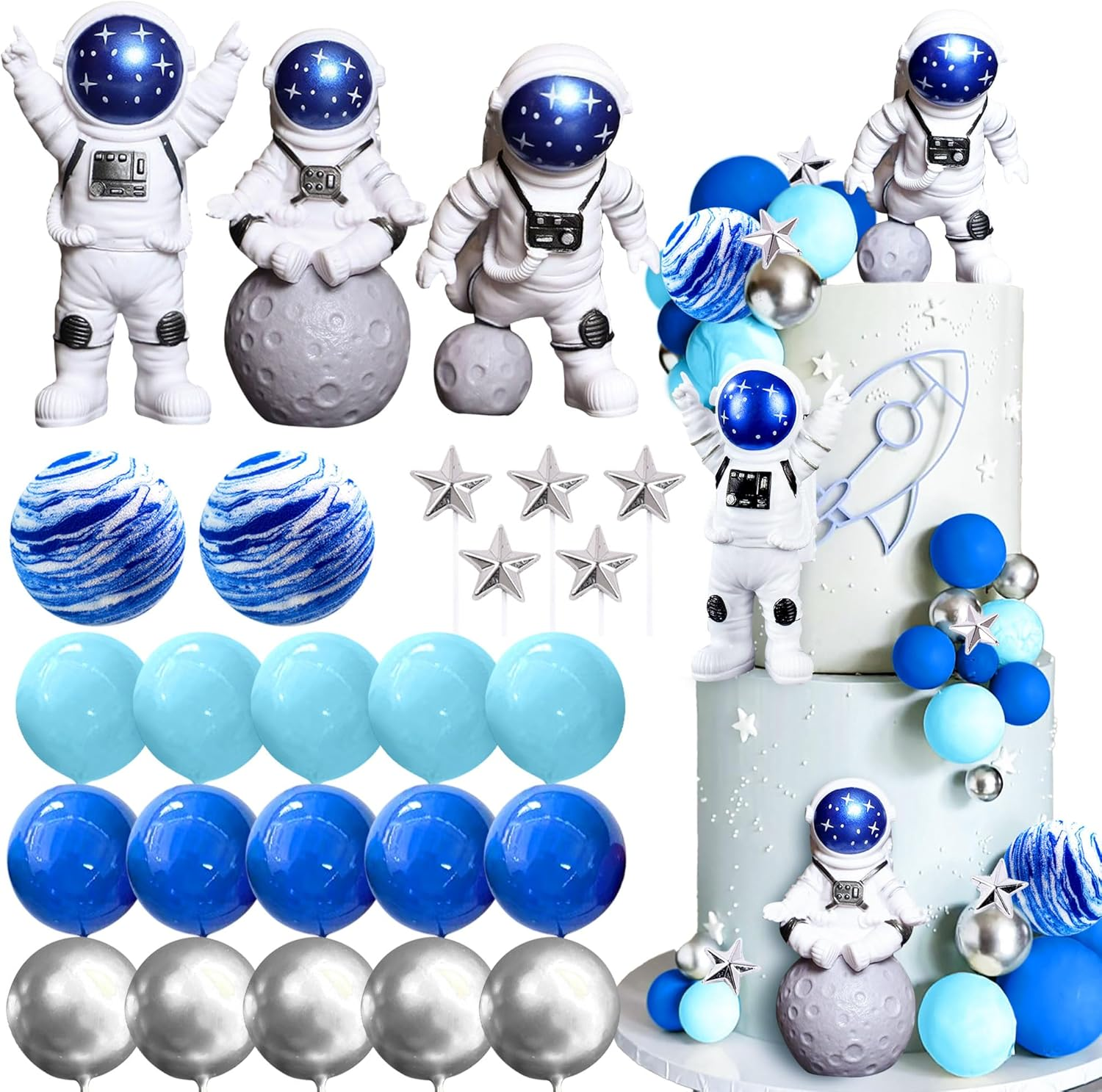 Jevenis Space Cake Toppers Outer Space Astronaut Rocket Stars Cake Decorations for Birthday Party Supplies Baby Shower image number 2