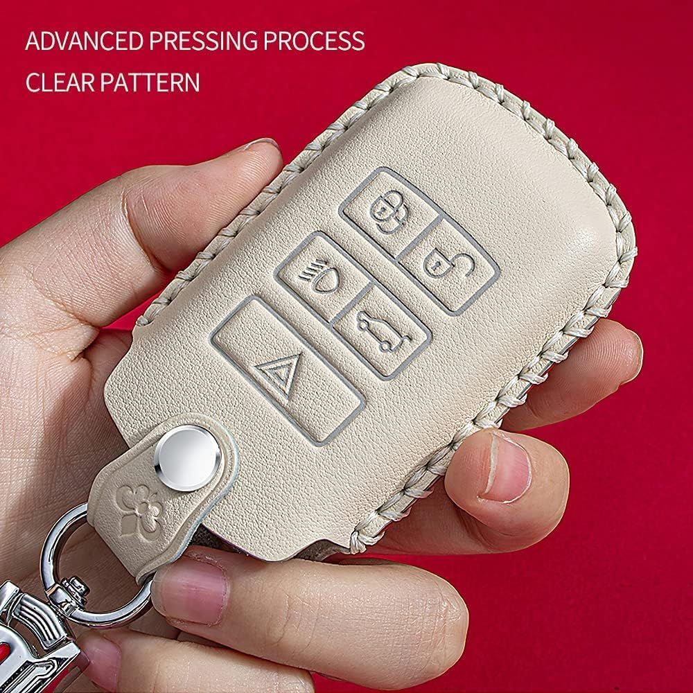 Ontto Leather Car Key Fob Cover Keyring for Land Rover Defender Discovery Evoque LR4 Range Rover Sport Jaguar 5-Buttons Accessories Key Case Keychain Remote Key Shell Key Holder Protector Beige A image number 6