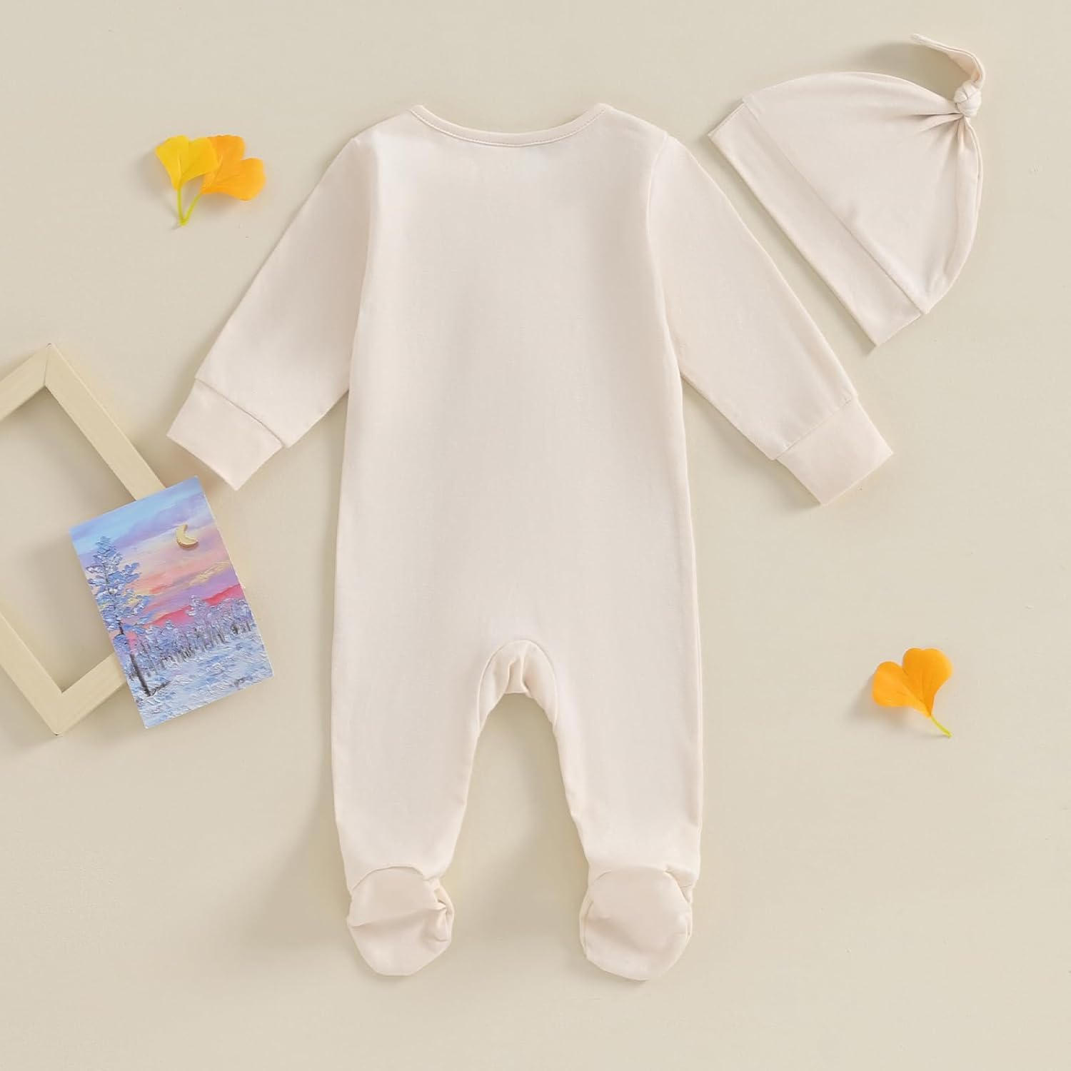 Newborn Baby Girl Boy Clothes Infant Long Sleeve Soild Footed Romper Zipper Footie Jumpsuit with Hat Fall Outfit image number 1