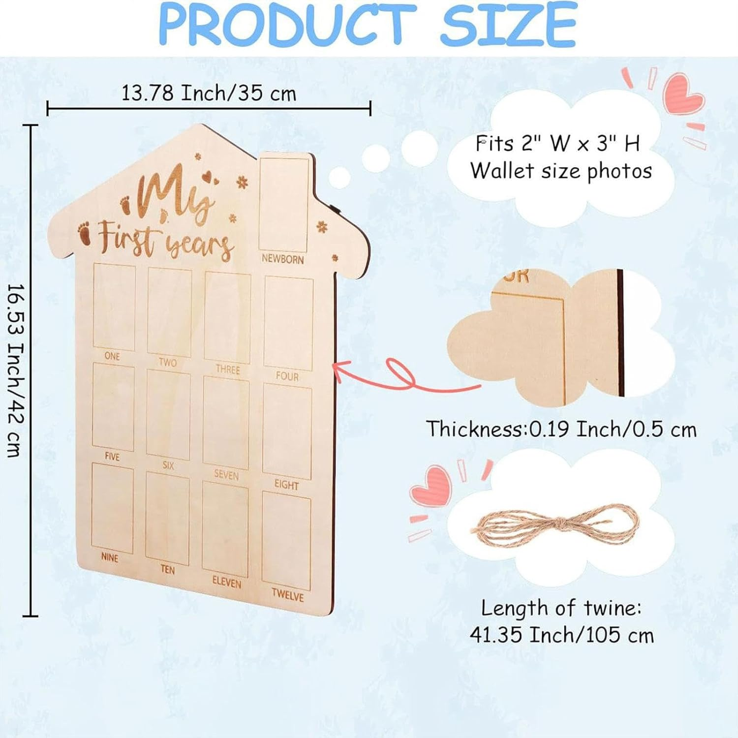 Oshhni Baby First Year Picture Frame Baby Childhood Keepsake Board Hanging Wooden Picture Board for Home Walls Reception Mantelpiece image number 4