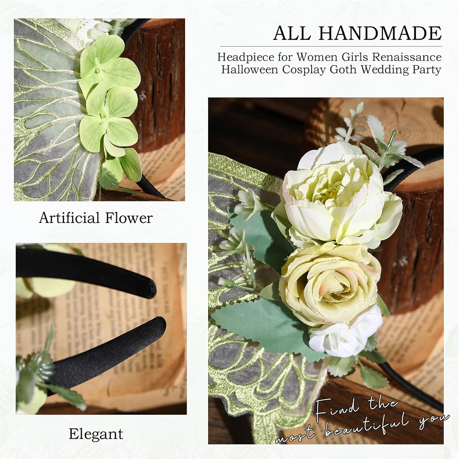 MOSTORY Green Fairy Butterfly Crown, Flower Butterfly Wings Headband for Women, Woodland Floral Headpiece for Fairy Costume Renaissance Renfaire Elf Cosplay Halloween image number 3