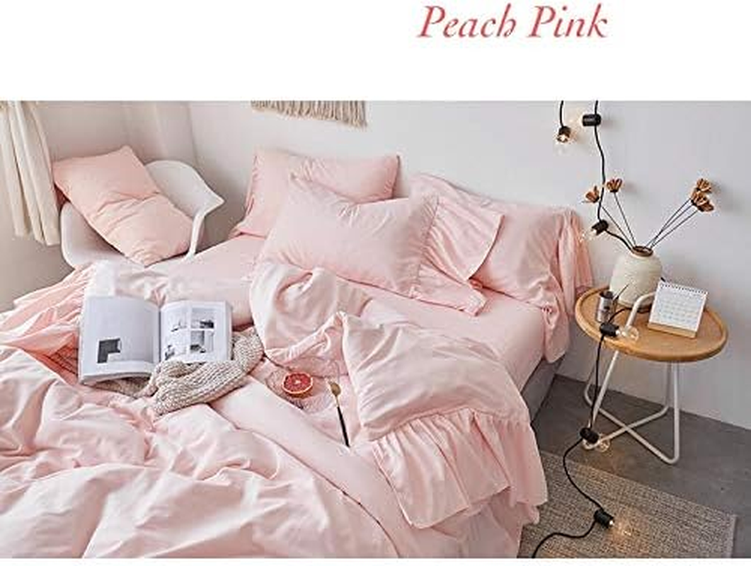 IHOUSTRIY Ruffle Duvet Cover Queen Size,100% Washed Microfiber 3Pcs Bedding Duvet Cover Set, Shabby Chic Farmhouse Duvet Cover and Pillow Shams, Zipper Closure & Corner Ties, Easy Care (Pink, Queen) image number 2