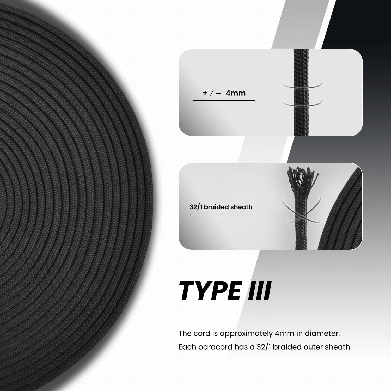 Abma Cord Paracord 550 4Mm 30M 100% Nylon Rope Type III 7 Strands Parachute Cord for DIY, Camping, Survival, Outdoor - Max. 250Kg - Black - Black image number 2