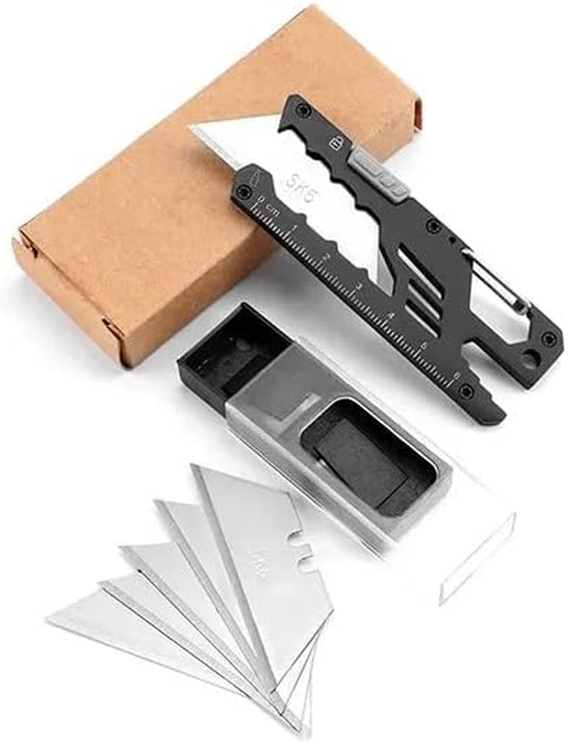 EDC Keychain EDC Keyring Multi-Tool Keychain, Box Cutter, Bottle Opener,Outdoor Camping Travel, Stainless Steel SK5 Replaceable Blade Geometric Small EDC Pocket Utility Knife (Black)