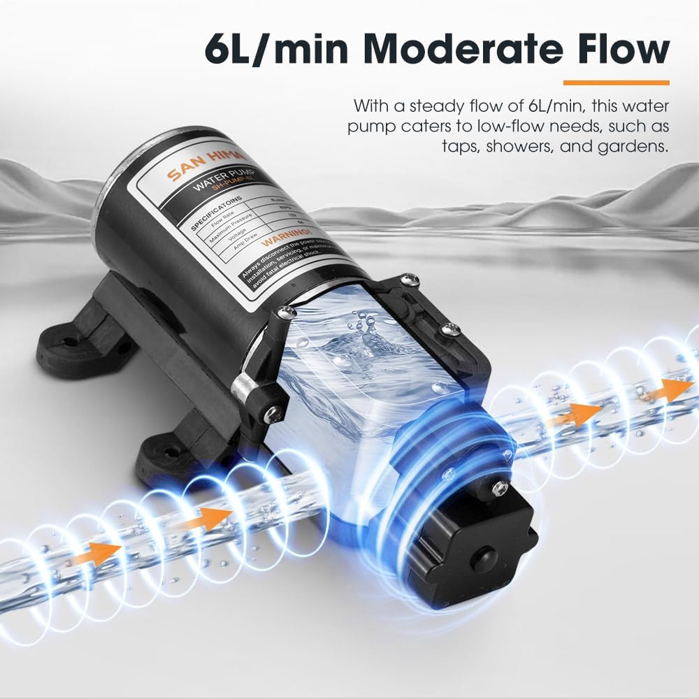 San Hima 12V Water Pump, 65PSI 6L/Min High Pressure DC Fresh Water Pump Self Priming for Caravan RV Garden Camping Boat image number 2