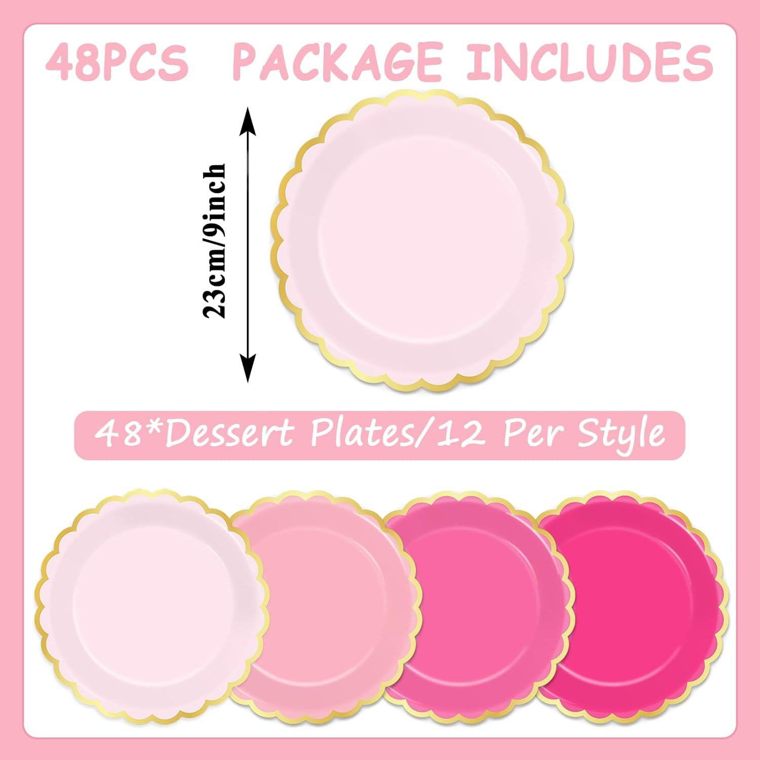 Wiooffen 48Pcs Pink Scalloped Paper Plates 9Inch Pink Gold Foil Border Plates Disposable Gradient Pink Tableware Set Hot Pink Dinner Dessert Plates for Wedding Bridal Baby Shower Birthday Supplies image number 4