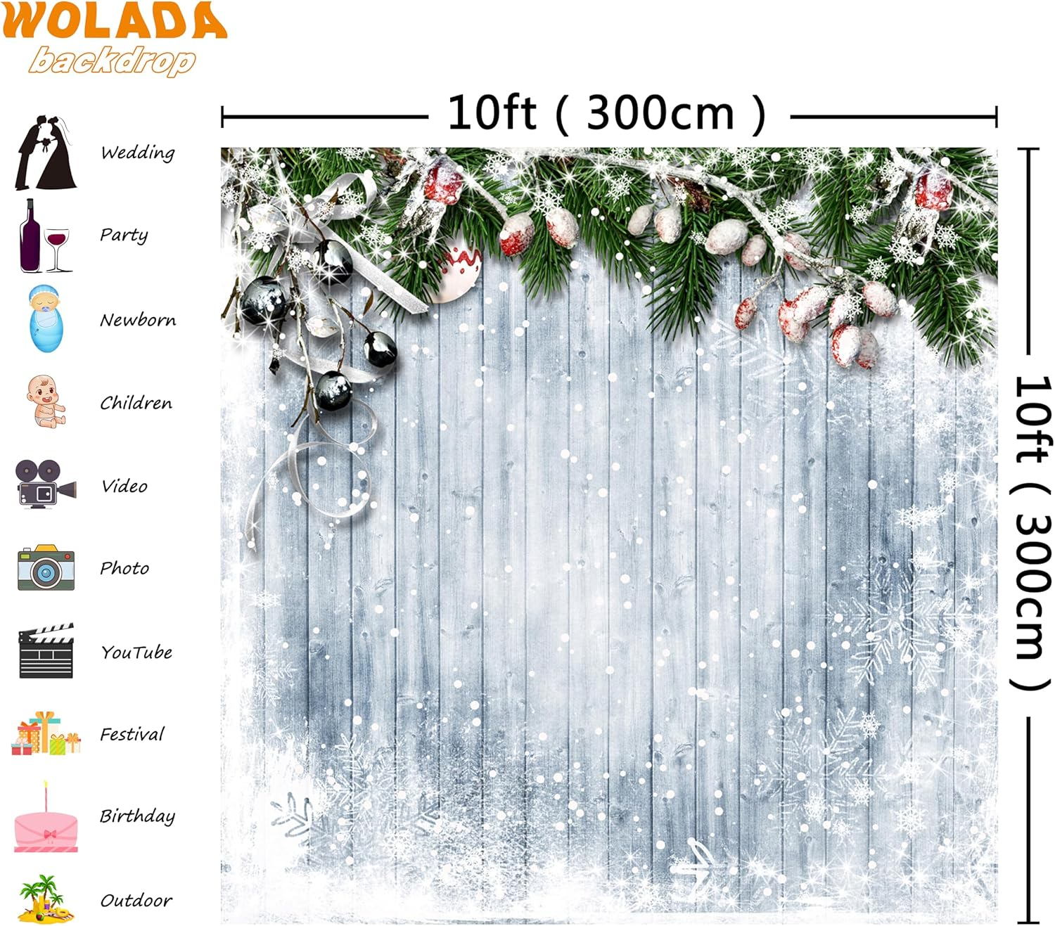 WOLADA 10X10Ft Merry Christmas Backdrop Snowflake Vintage Wooden Wall Christmas Tree Photography Backdrop Child Baby Shower Newborn Portrait Party Decor Supplies Background Photo Booth Props 11717 image number 5