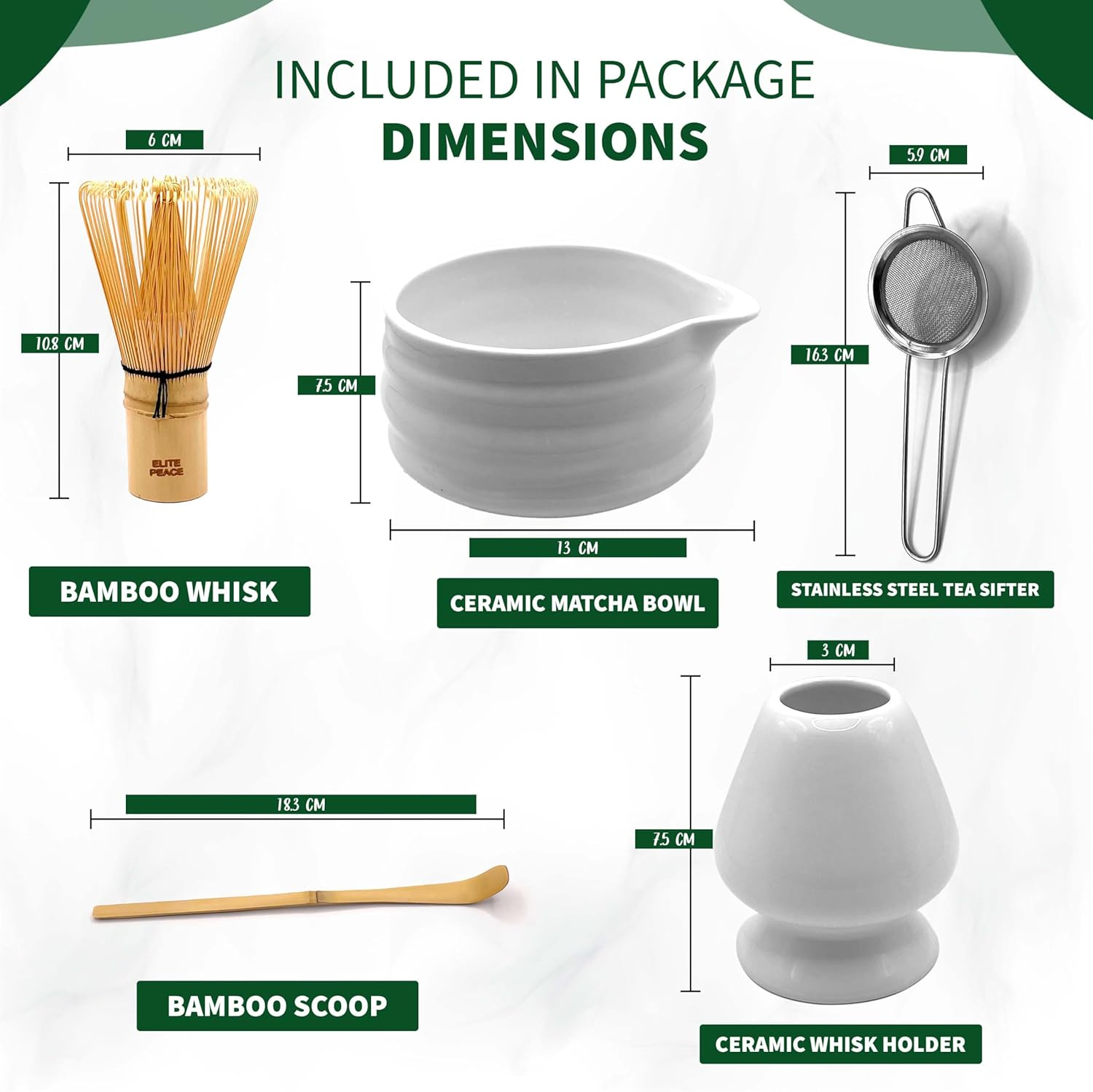 5-Piece Matcha Whisk Set - Bamboo Whisk Ceramic Matcha Bowl with Spout Stainless Steel Tea Sifter Scoop Whisk Holder & 2 Educational Cards - White Matcha Kit image number 5