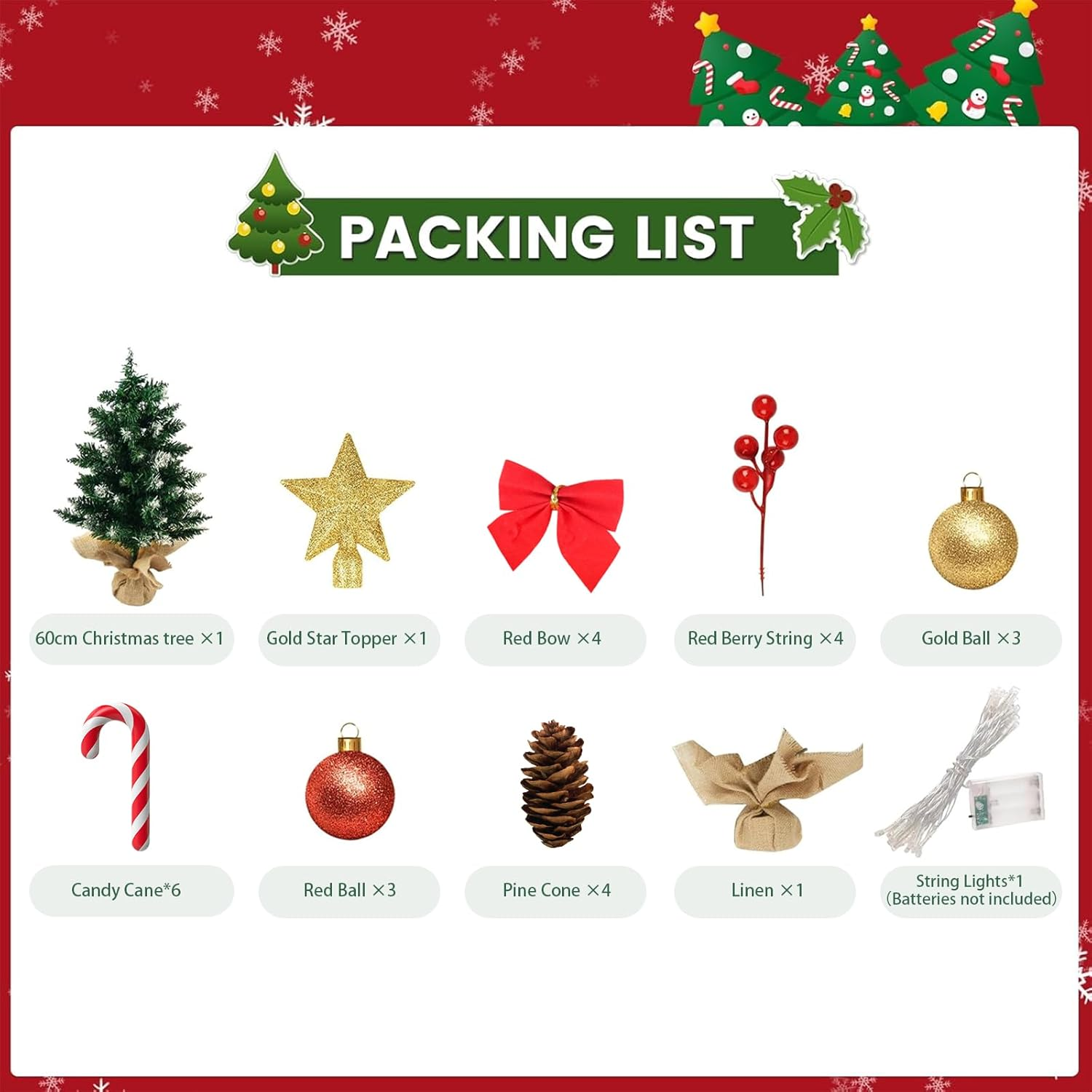 Small Christmas Tree with Lights and Ornaments, 60Cm Tabletop Mini Christmas Tree with Light, Star Topper, DIY Artificial Tabletop Xmas Tree for Office Home Indoor Decoration