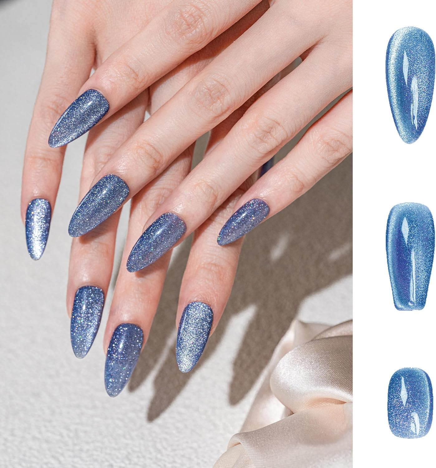 Sun&Beam Nails Handmade Press-On Short Squoval round Blue Magnet Solid Color Minimalist Design Fashion False Nail Tips 10 Pcs Set (#242 L) image number 1