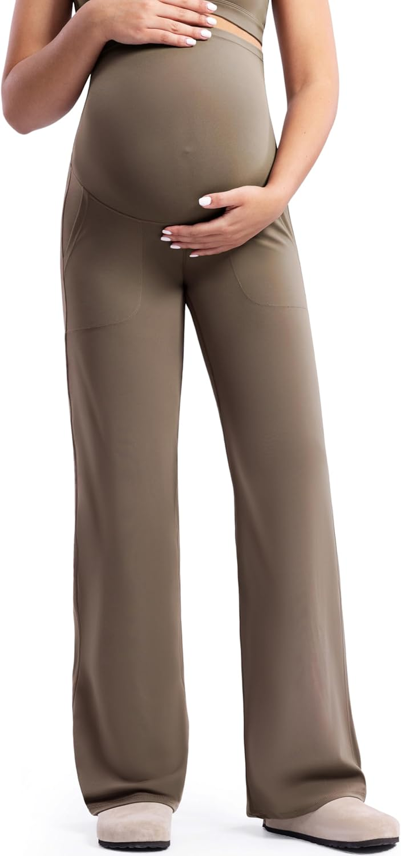 POSHDIVAH Women'S Creamluxe Maternity Yoga Wide Leg Pants Petite/Regular/Tall Pregnancy Work Dress Sweatpants with Pockets