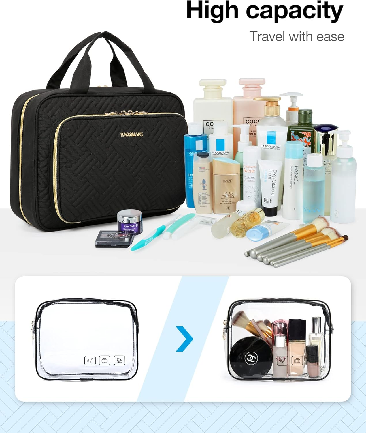 BAGSMART Toiletry Bag Hanging Travel Makeup Organizer with TSA Approved Transparent Cosmetic Bag Makeup Bag for Full Sized Toiletries, Black, Large, Travel image number 6