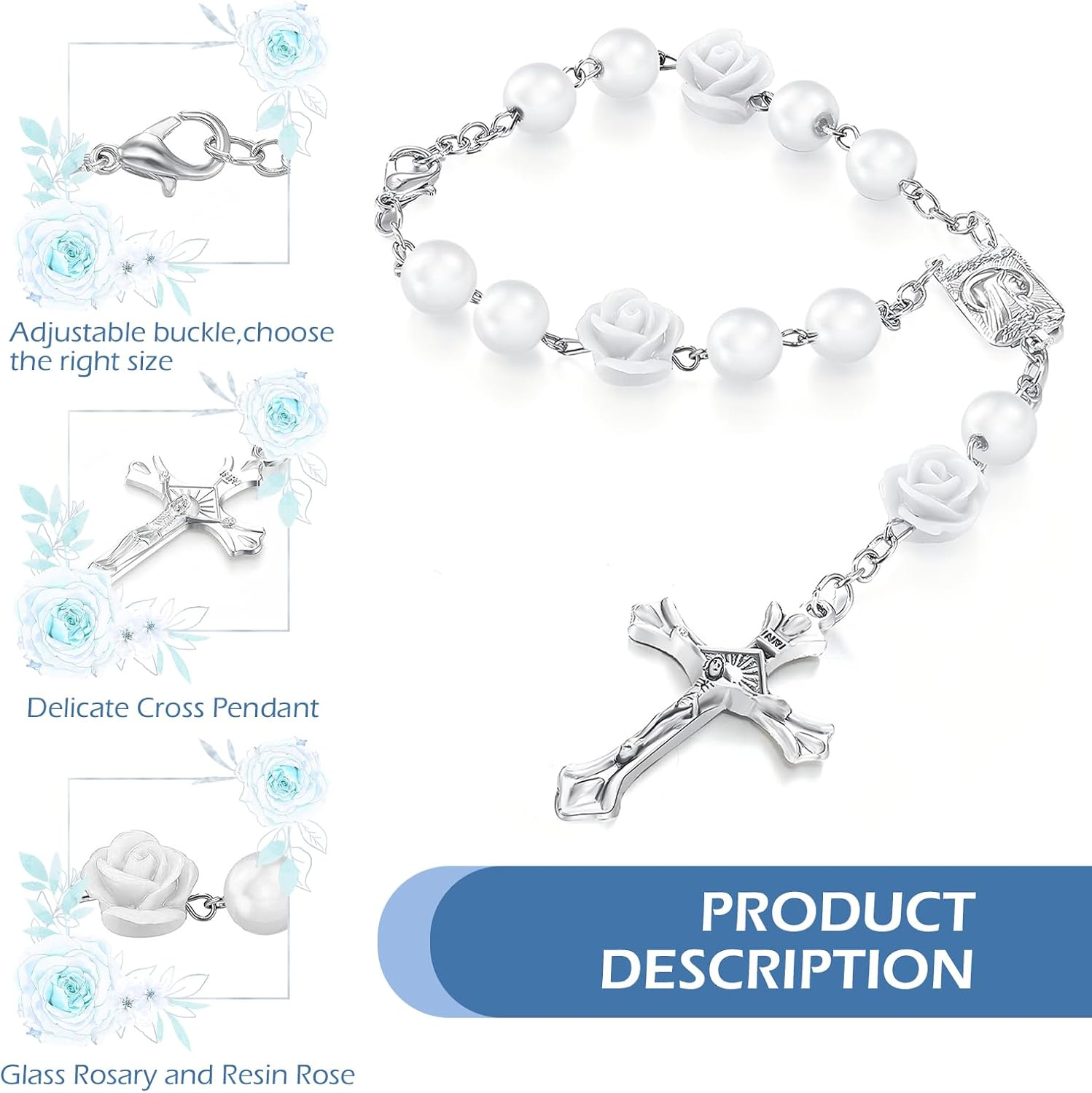 2PCS Car Rose Rosary for Rearview Mirror, Personalized Blessing Rear View Mirror Hanging Decors, Car Rose Cross Pendant, Auto Interior Hanging Accessories (White) image number 2