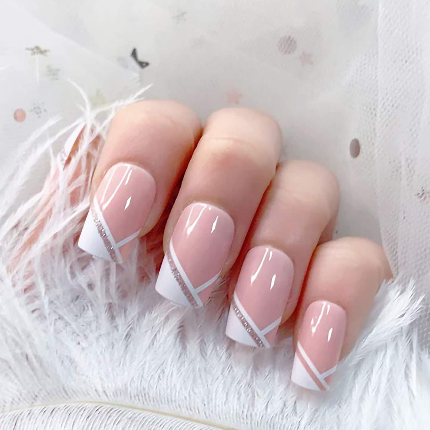 French Short Press on Nails,Pink Hypotenuse Full Cover Artificial Square False Nails for Women Girls Gift on Party(24Pcs) image number 5