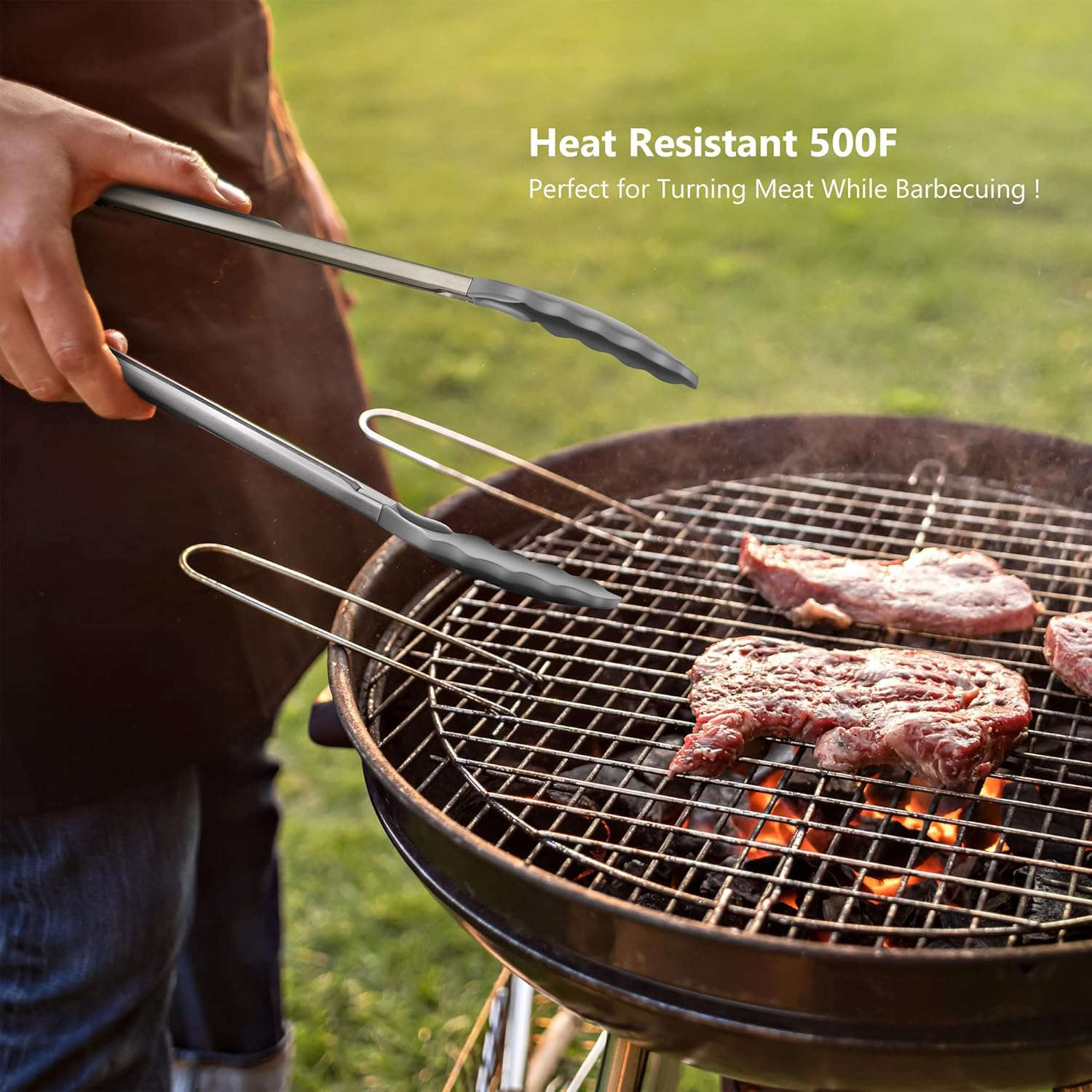 Premium Stainless Steel Food Tongs, 9-Inch & 12-Inch Grey Silicone BPA Free Non-Stick BBQ Cooking Grilling Locking Kitchen Tong image number 1