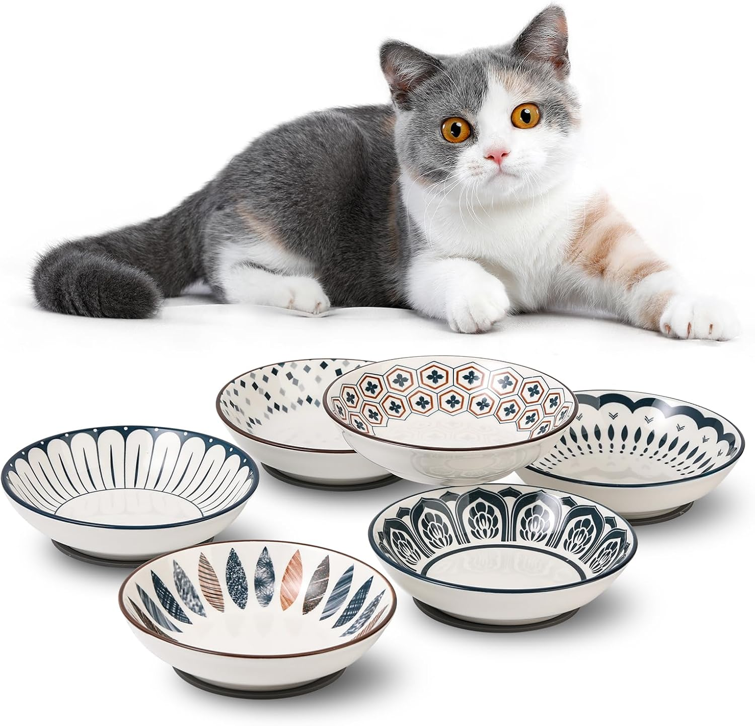 Small Ceramic Cat Food Bowl - Wide Shallow Cat Bowl with Non-Slip Mat - Whisker Friendly Cat Feeding Bowls - Japanese Style Cute Cat Dish - Cat Plates - Dishwasher Safe - Set of 6-8.5 Oz - 5.75 Inch image number 3