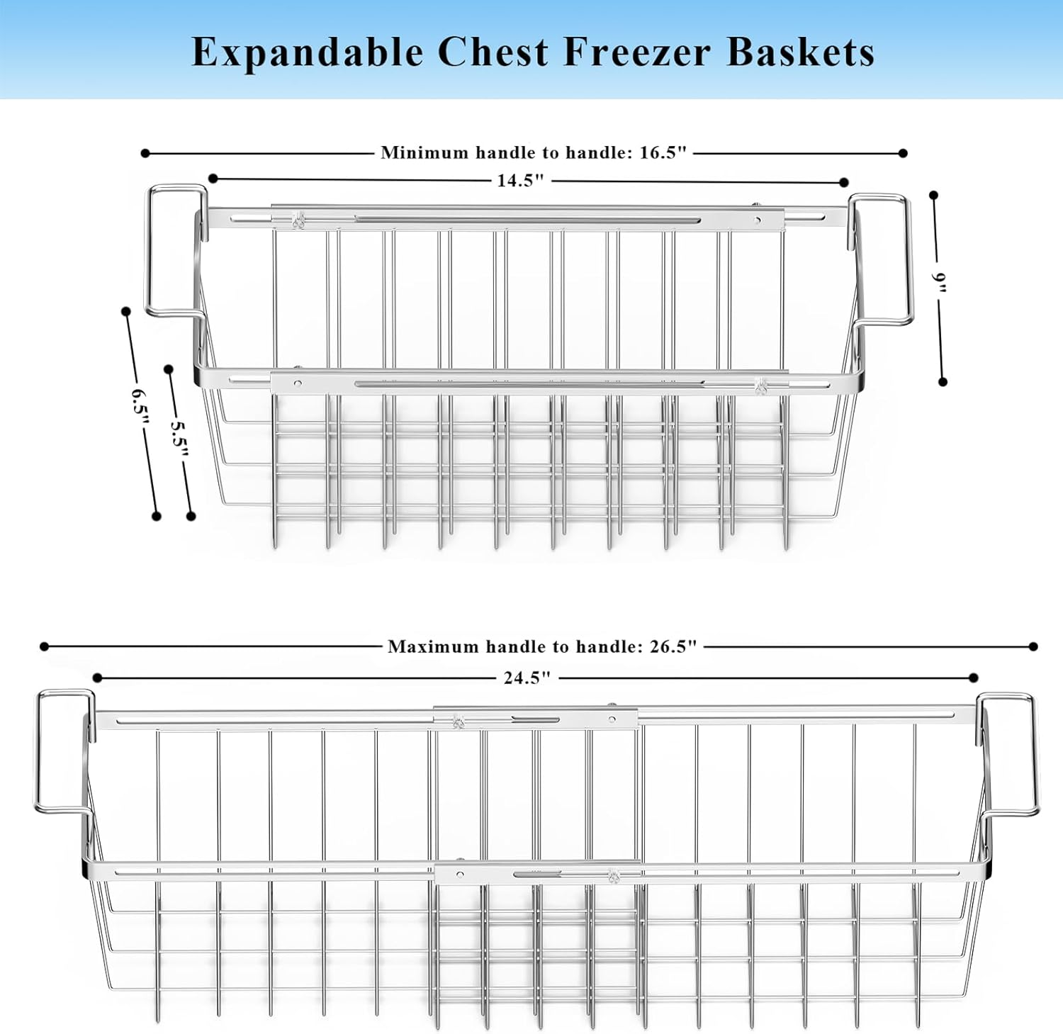 Orgneas Freezer Baskets for Chest Freezer, Expandable Deep Freezer Organizer Bins Wire Basket Storage Adjustable from 16.5'' to 26.5'', Stainless Steel over the Sink Dish Drying Rack for Kitchen - 2Pcs image number 6