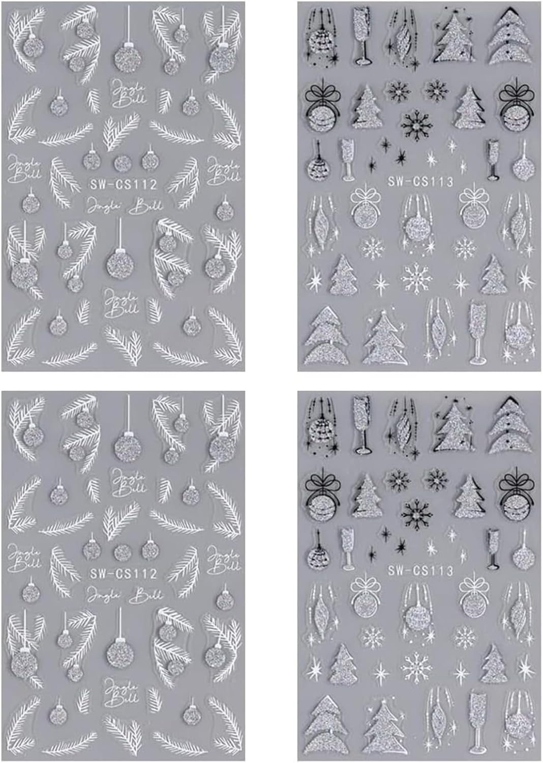 Itadaku 4 Sheets Christmas Nails Stickers, Glitter Xmas Tree, Silver Jingle Bell, Pine Leaf, 3D Snowflake & Star Nail Art Decals, Holiday Nail Design Accessories for Women & Girls