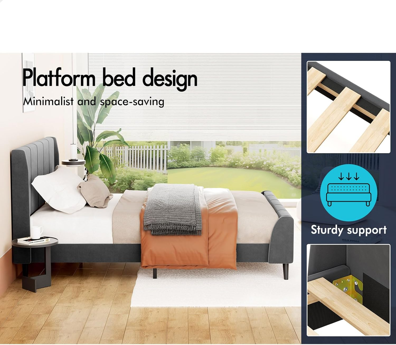 ALFORDSON Bed Frame Base Single Size with Headboard, Bed Platform Foundation with Velvet Fabric Upholstered for Mattress Topper, HUNDOLF Series Velvet Grey image number 7