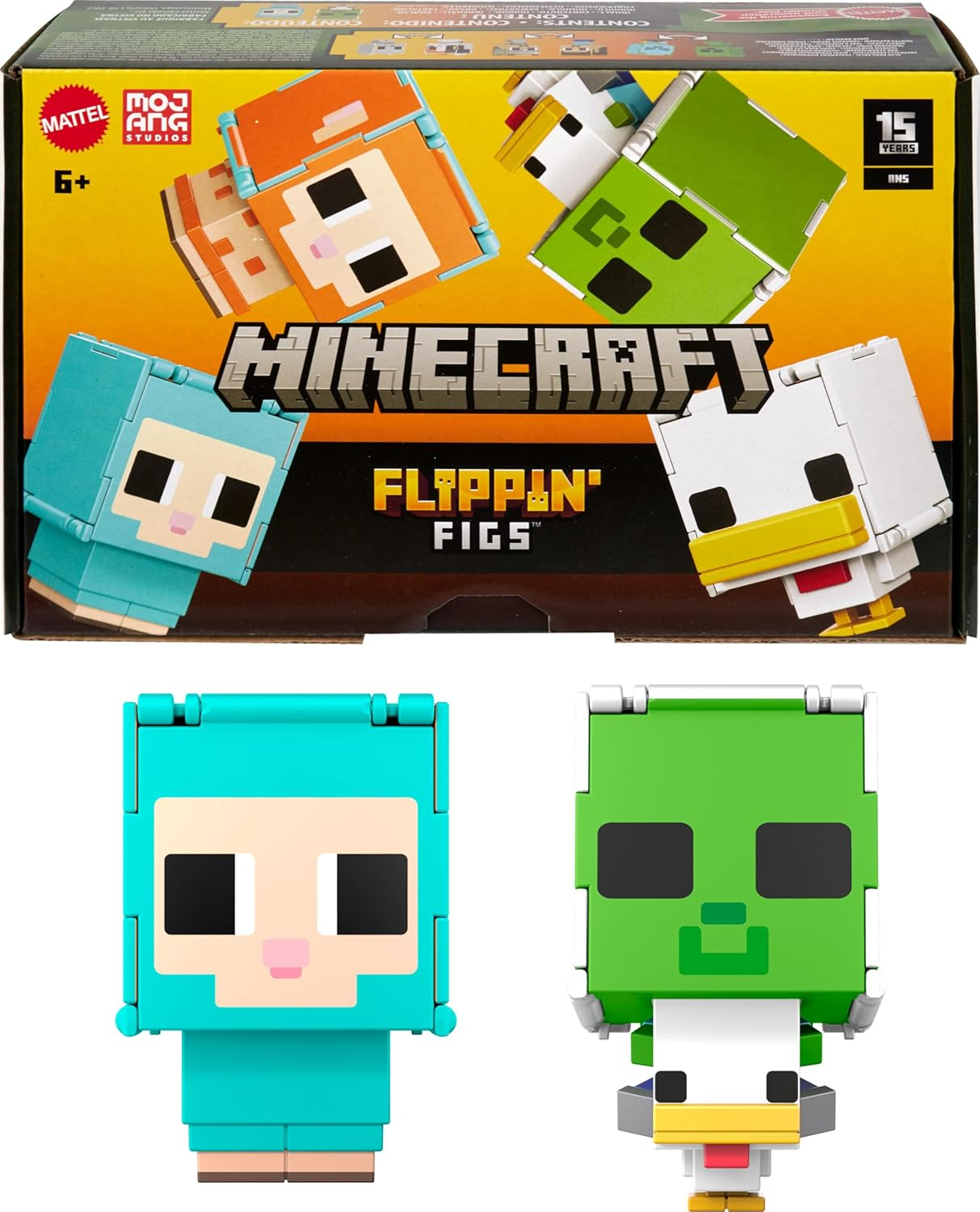 Mattel Minecraft Flippin&rsquo; Figs Sheep & Chicken Figures 2-Pack with 2-In-1 Fidget Play, Large Heads & Pixelated Design (Amazon Exclusive)