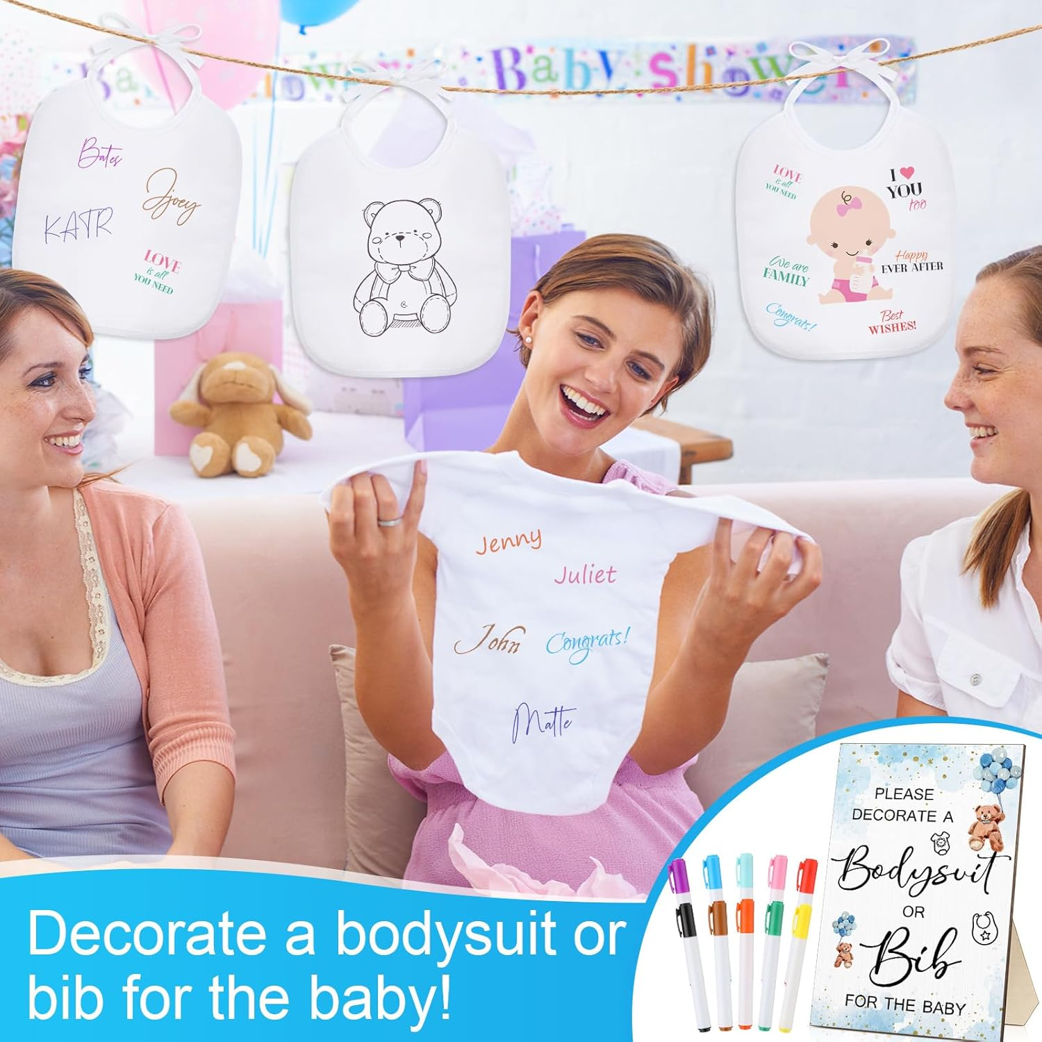 Roowest 35 Pcs Baby Shower Bibs Games Design Wooden Baby Shower Party Game Sign DIY Bodysuit Sign 15 White Blank Feeder Bibs 9 Newborn Bodysuit 10 Markers for Boys Girls(Bear) image number 1