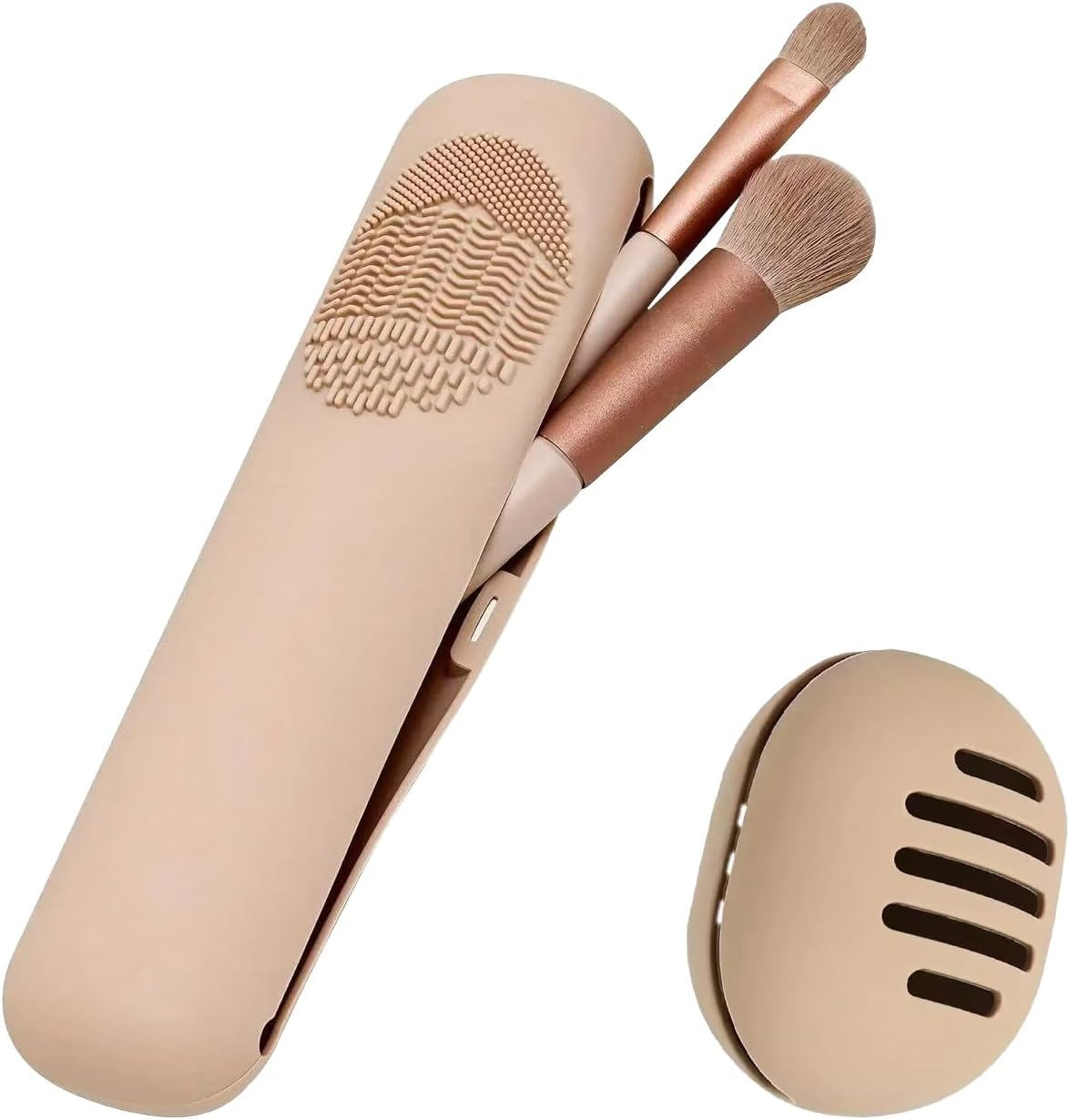 Travel Makeup Brush Holder with Makeup Sponge Holder, Magnetic Anti-Fall Out Silicone Portable Cosmetic Face Brushes Case, Soft Sleek Design for Face Brushes and Tools
