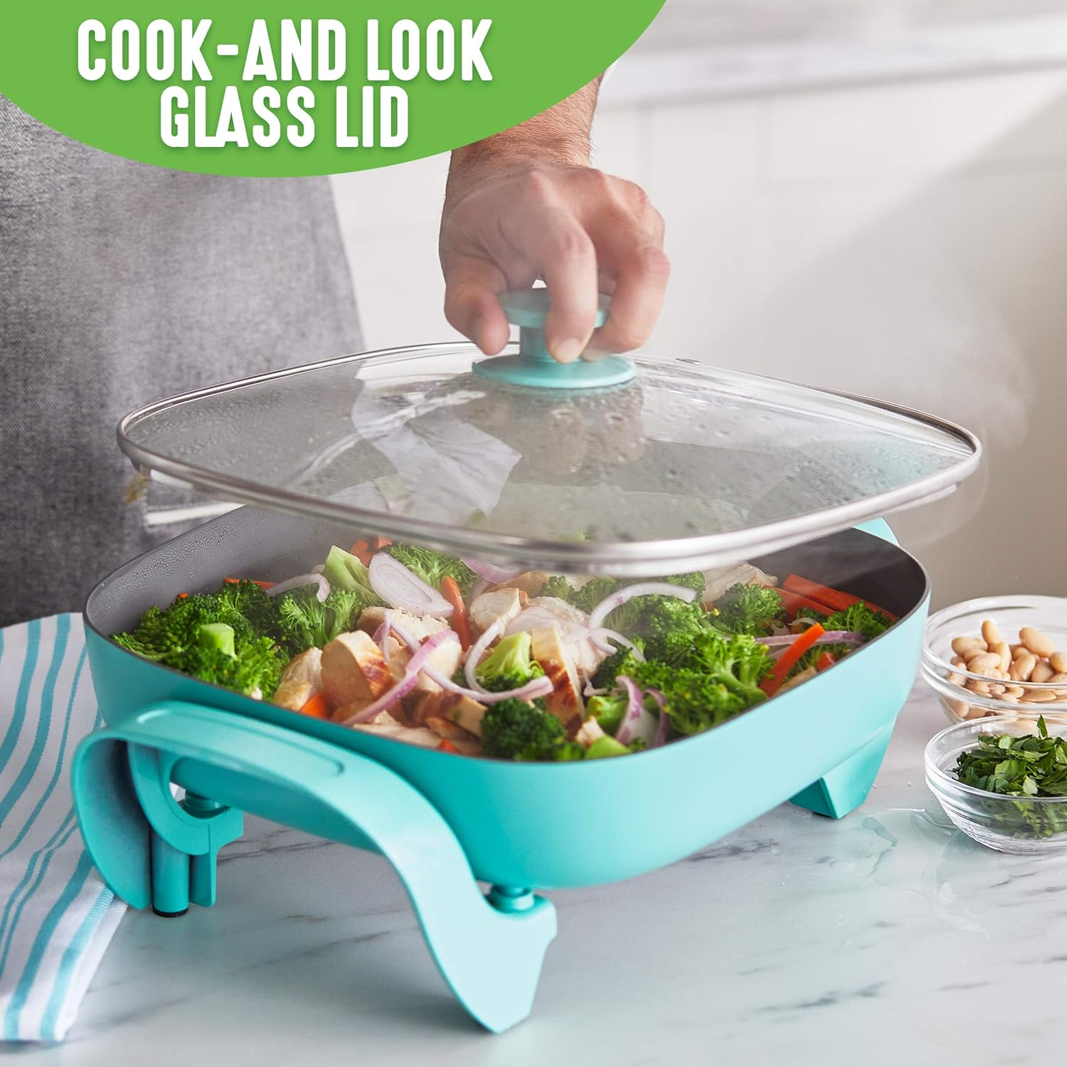 Greenlife 12" 5QT Square Electric Frypan, Glass Vented Lid, Ceramic Pfas-Free Nonstick Interior, Adjustable Temperature Control, Cool Touch Handles, Quick Even Heating, Scratch Resistant, Turquoise image number 6
