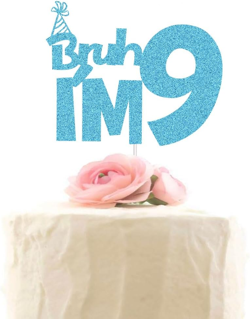XIUHUBA Bruh I'M 9 Cake Topper, Happy 9Th Birthday Cake Decor, Kids Boys 9Th Birthday Party Decorations, Funny Nine Years Old Birthday Party Supplies Blue Glitter image number 2