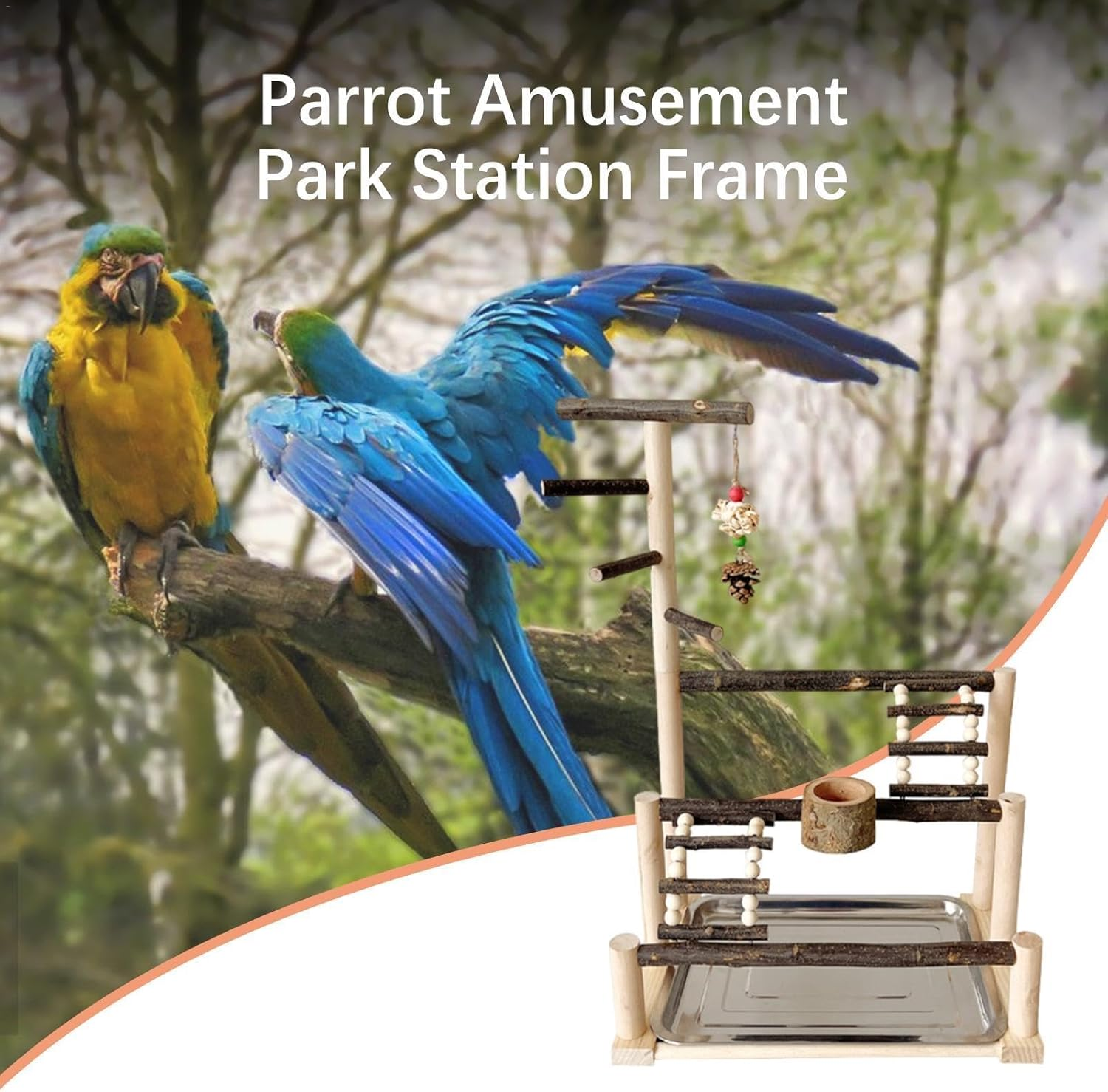 Generic Parrot Playstand - Interactive Large Bird Stand Playground, Parrot Playground Stand, Natural Bird Cage Exercise Toy, Parakeet Cage Accessories with Feeding Cups for Parakeet image number 5