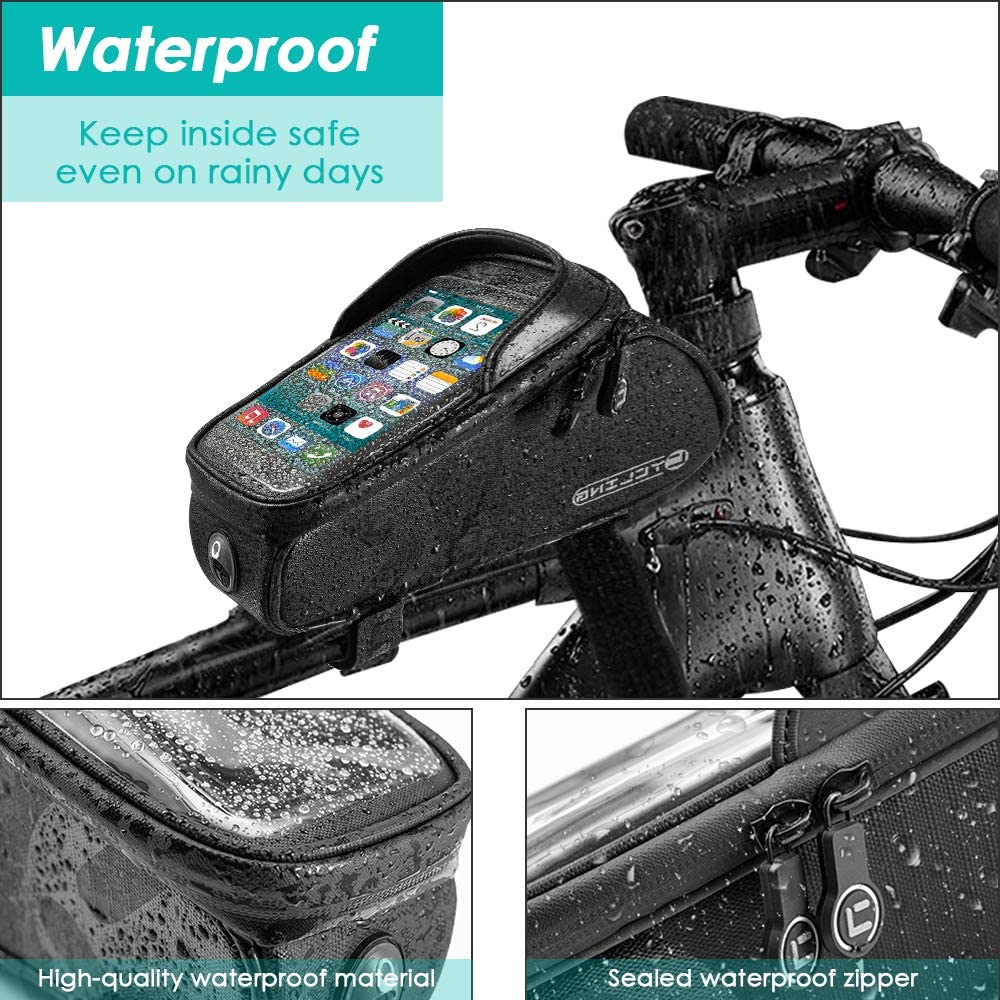 WOTOW Bike Frame Bag with Phone Holder, Waterproof Bicycle Front Top Tube Pouch Bike Phone Mount Pack Cycling Handlebar Bag with TPU Touch Screen Sun Visor and Headphone Hole for Smart Phone up to 6.5 image number 3