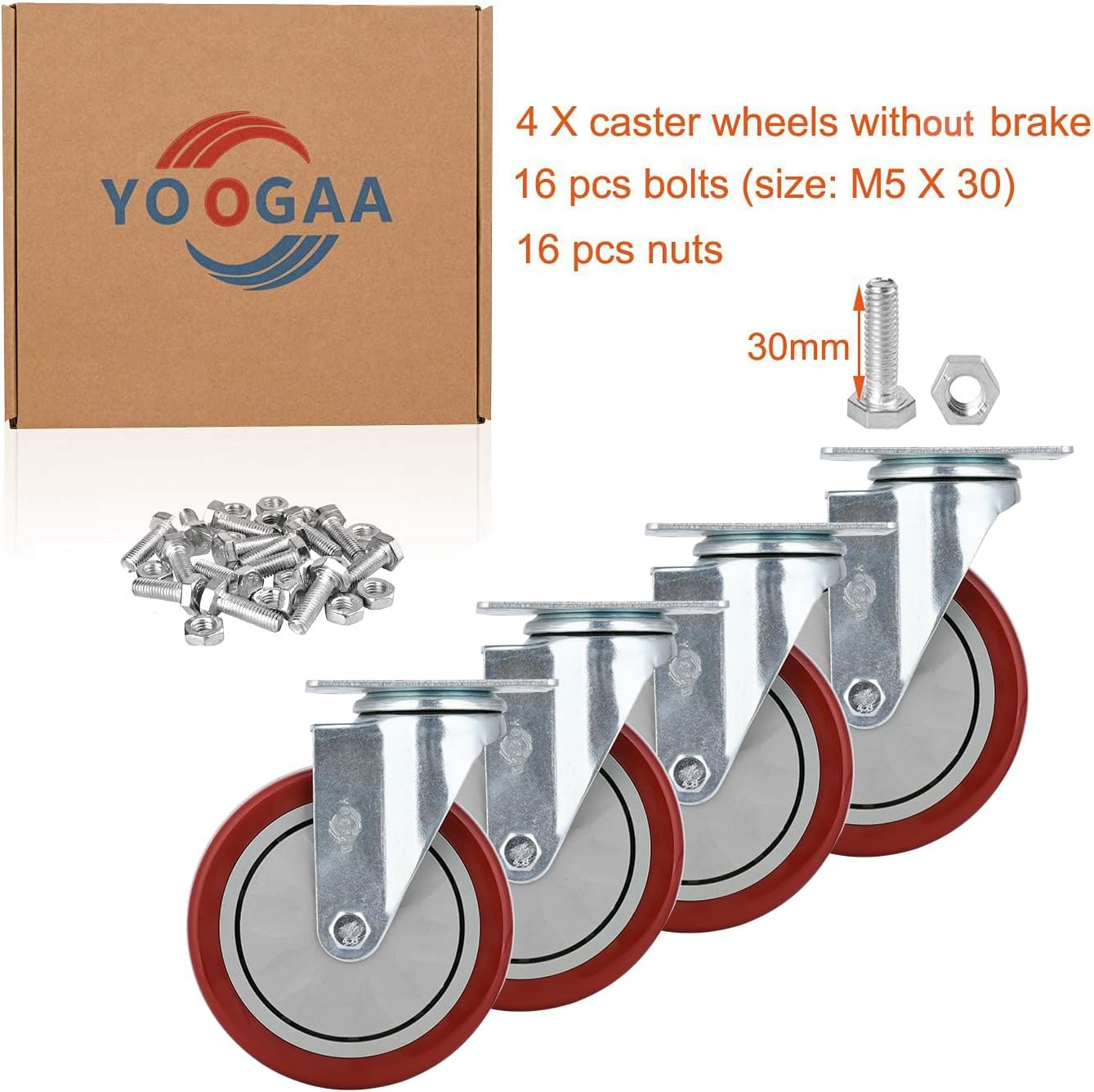 YOOGAA 5" Heavy Duty Caster Swivel Caster Wheels No Noise 360 Degree Rotation Plate Caster with Screw Total Capacity 1500Lbs Set of 4 without Brake image number 1