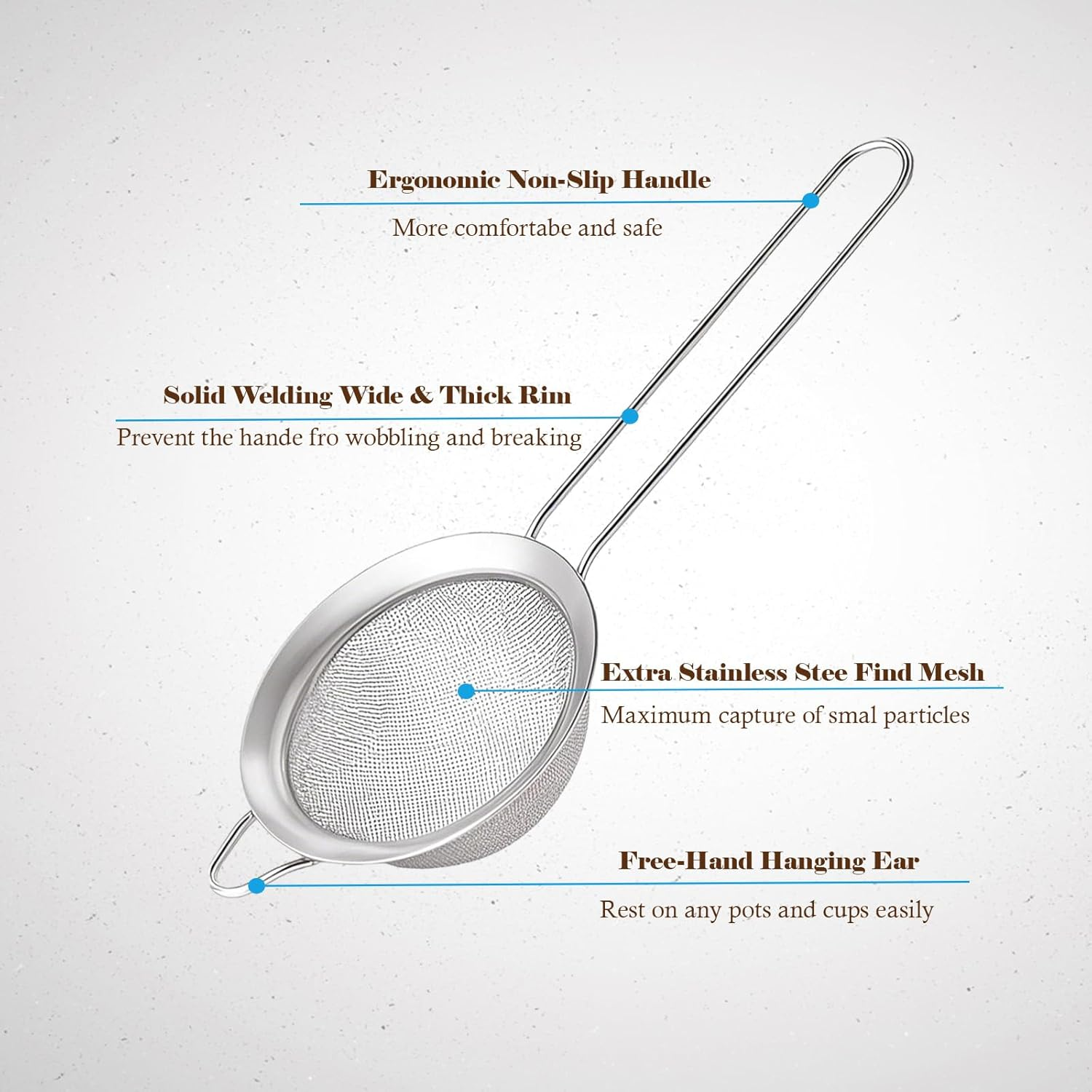 Loimon Stainless Steel Fine Mesh Strainer Sieve for Kitchen & Cocktails - 8Cm Filter Screen with 26Cm Ergonomic Handle | Coffee Tea Juice Filter | Dishwasher Safe & Rustproof (Silver) image number 1