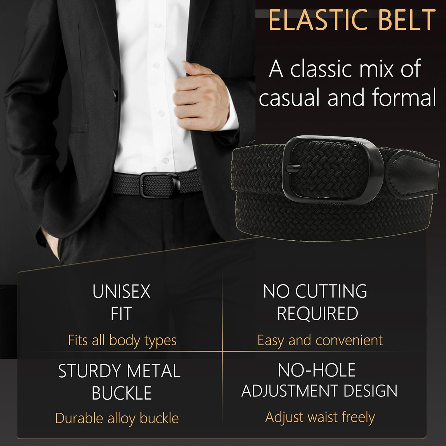 JIFANPAUL Men'S Mesh Belt, Large Size, Braided, No Holes, Elastic Belt, Stretchable, Golf, Casual, Business, Gentleman, Student Clothing, One Size Fits Most, Stretch, Blackd-Black Buckle, M [全長：約125Cm image number 6