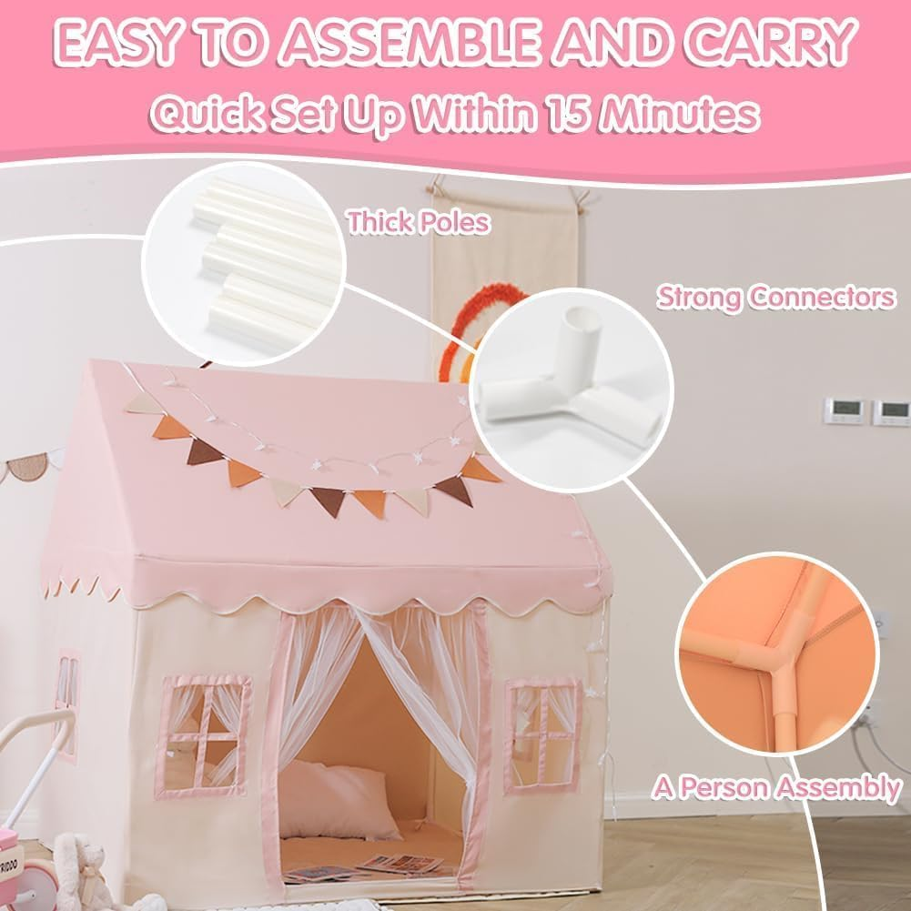 Large Kids Play Tent with Mat, Play Tent Indoor with Star Lights, Flag and Windows, Playhouse for Boys and Girls Aged 3, Kid Tent with Mat Washable (Pink) image number 5