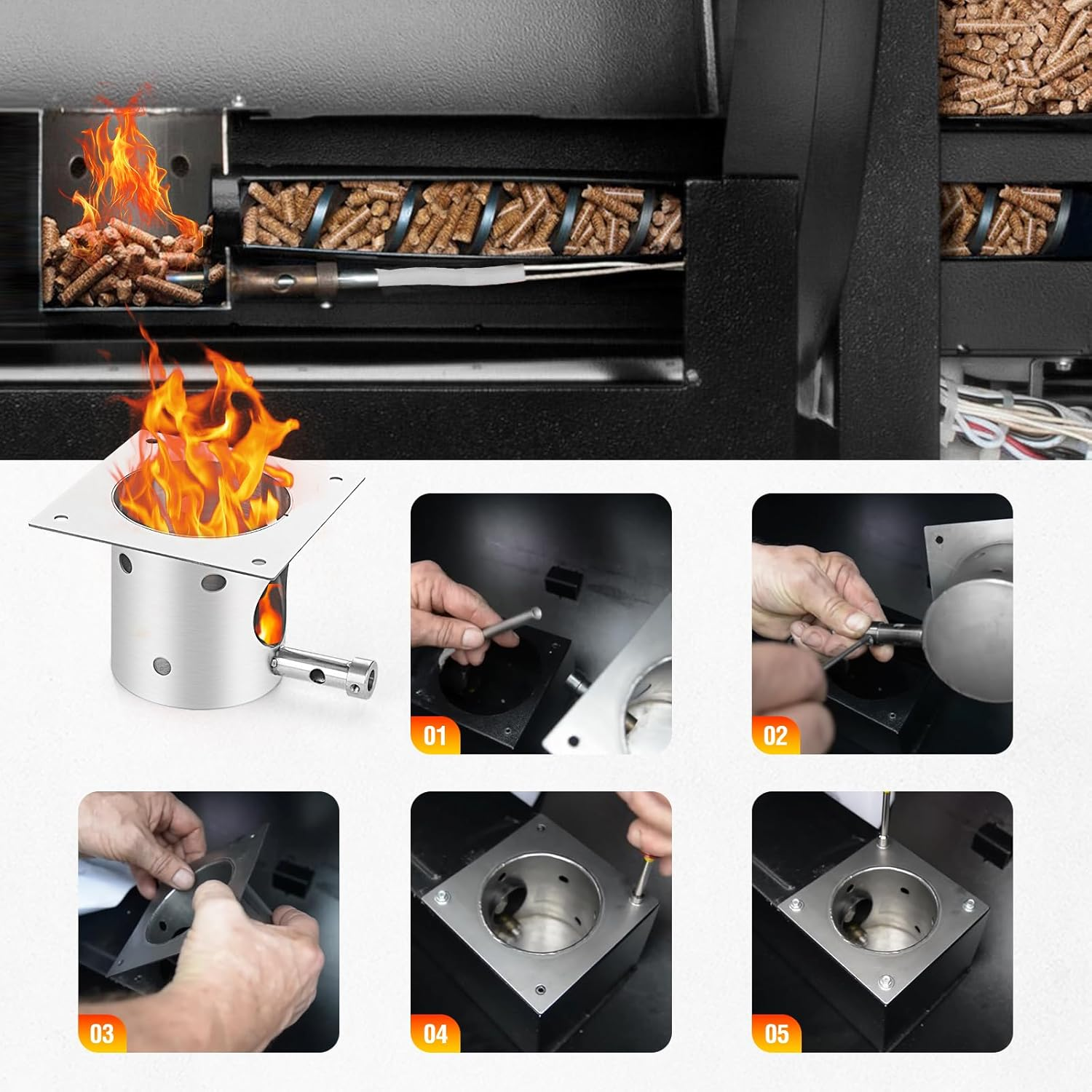 Fire Burn Pot and Hot Rod Ignitor Replacement Parts for Traeger,Pit Boss Pellet Grill Burner, Fire Burn Pot Kit for Z Grills, Stainless Steel Pit Boss Fire Burn Pot, Fire Burn Pot with Screws and Fuse image number 1