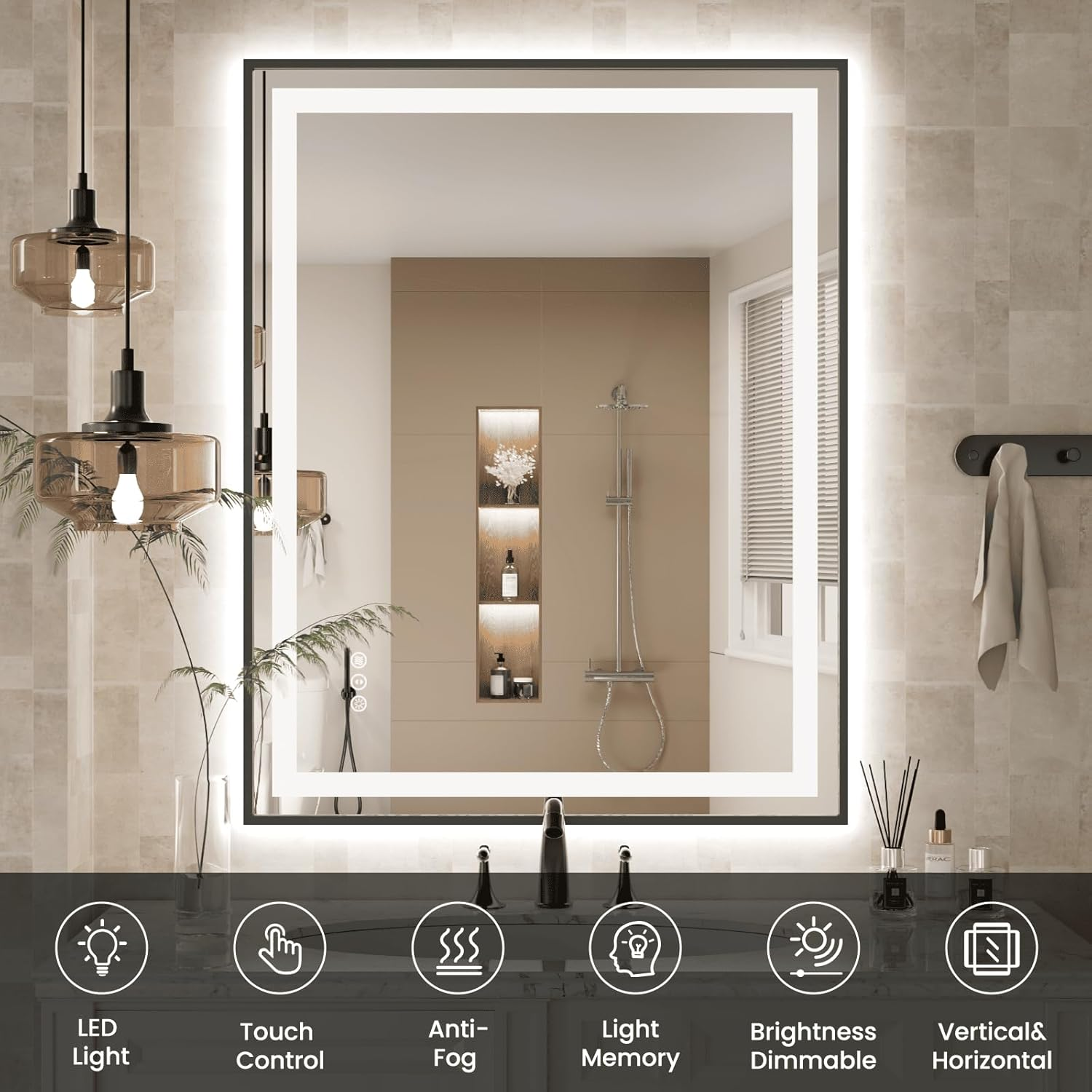 Amorho LED Bathroom Mirror 139X90 CM with Black Frame, Front Light and Backlit, Stepless Dimmable, Anti-Fog, Shatter-Proof, Memory, 3 Color Lighting, LED Wall-Mounted Mirror(Horizontal/Vertical) image number 2