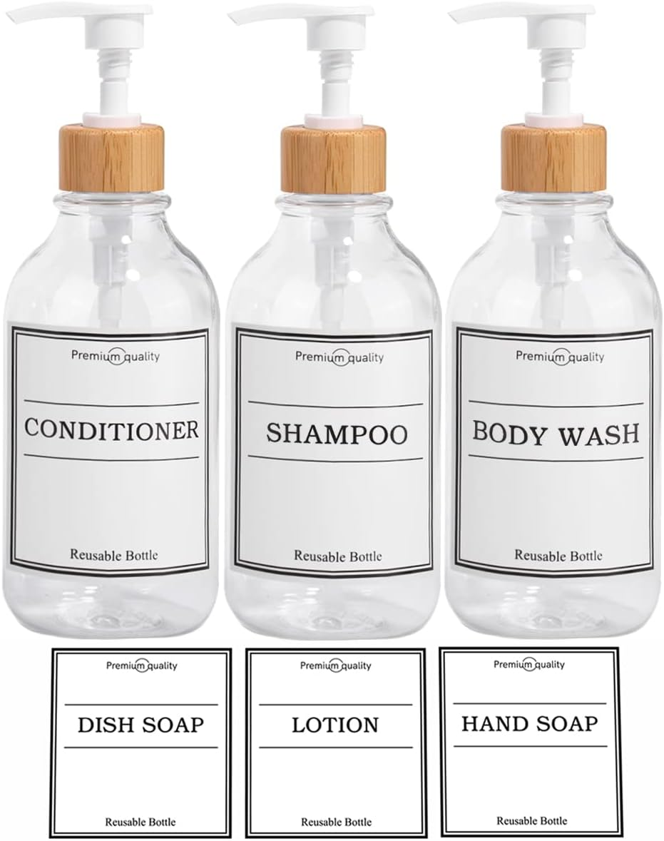 Shampoo and Conditioner Dispenser-Set of 3-16 Oz Reusable Pump Bottle Dispenser for Bathroom with 6 Waterproof Stickers - Empty Plastic Refillable Containers for Shower (Clear)