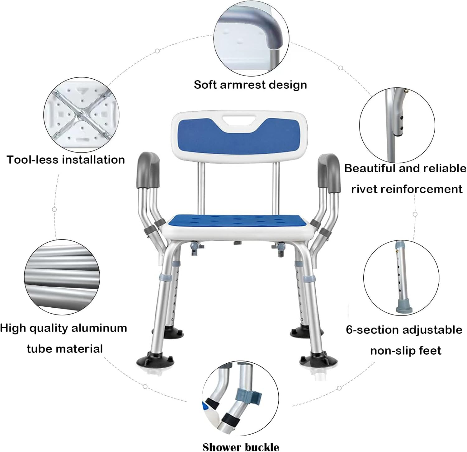 Joliling Adjustable Legs Shower Chair with Back,Aluminum Bath Chair with Anti-Slip Suction Cup, Portable Tool-Free Assembly, 330Lb Load,Suitable for Disabled, Pregnant Woman, Elderly image number 3