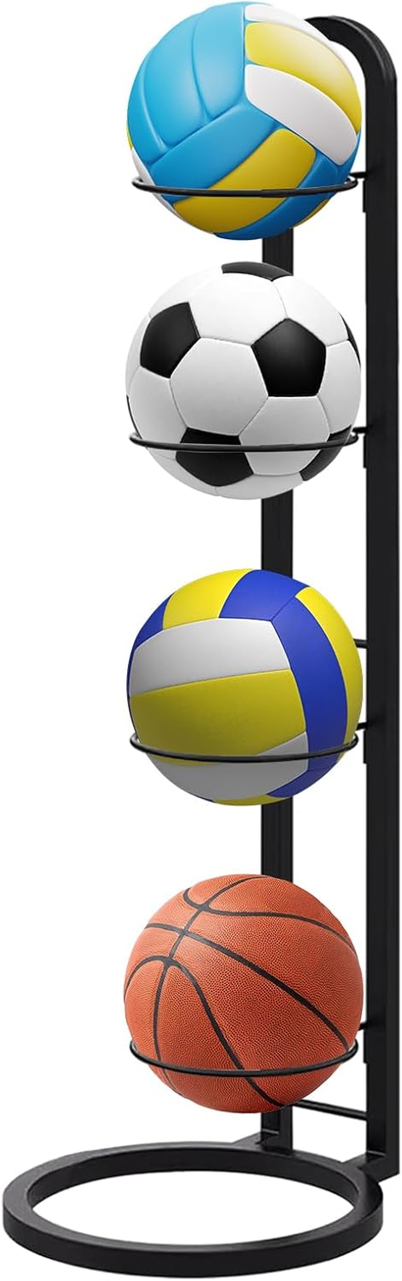 4-Tier Vertical Ball Storage Rack Ball Storage Rack Removable Vertical Display Sports Equipment Organizer Space-Saving Durable for Basketball Volleyball Football Rugby Badminton