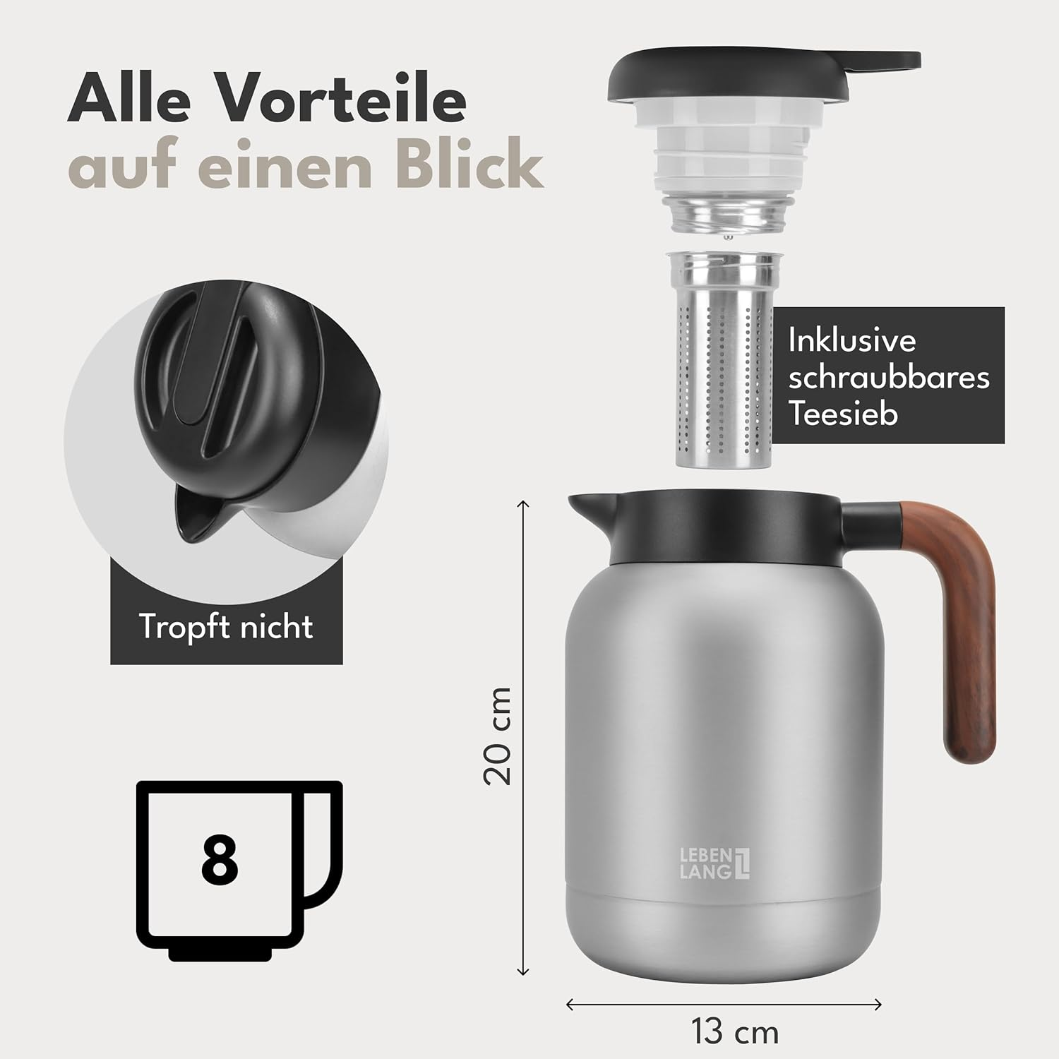 LEBENLANG Thermos Flask 1.5 L Ceramic Coating - Includes Tea Strainer I 24 Hours Hot I Coffee Pot Coffee & Teapot with Strainer Insert I Thermal Flask Tea Thermal Jug Thermos Flasks 1 5 Litres image number 5