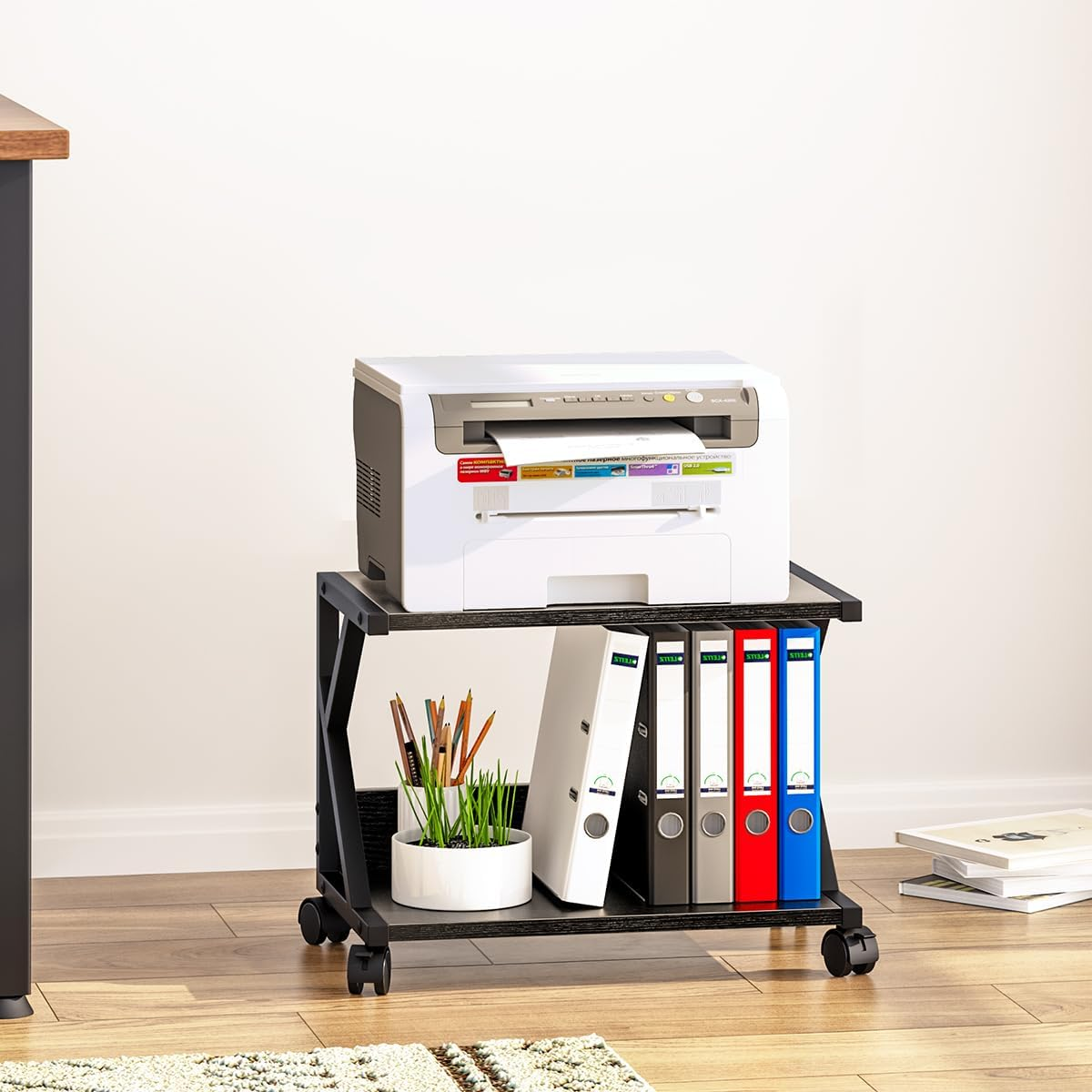 Aboxoo Desktop Printer Stand with 2 Tier Wood Storage Shelves,Under Desk Printer Table,Multi-Purpose Home Office Desk Organizer for Fax Machine, Scanner (Black) - White image number 6