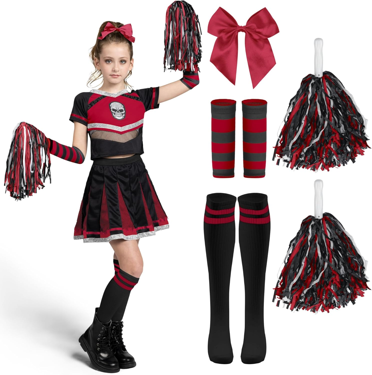 Spooktacular Creations Halloween Cheerleader Costume Girls, Bad Spirit Costume for Kids, Skull Scary Outfit with Accessories