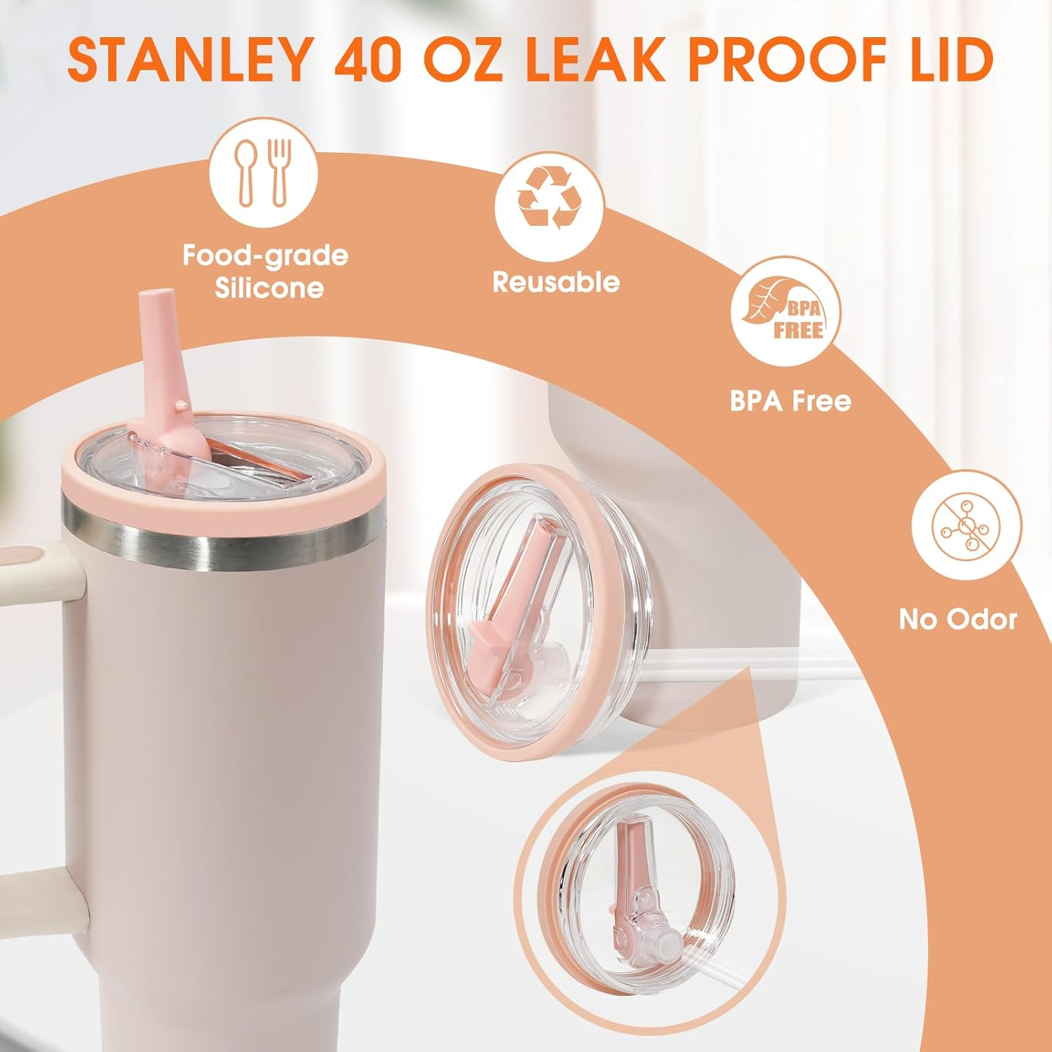 40Oz Spill Proof Flip Straw Lid Replacement for Stanley H2.0 Quencher,Leak Proof Tumbler Lid,2 Pack,Cream White,Pink image number 5