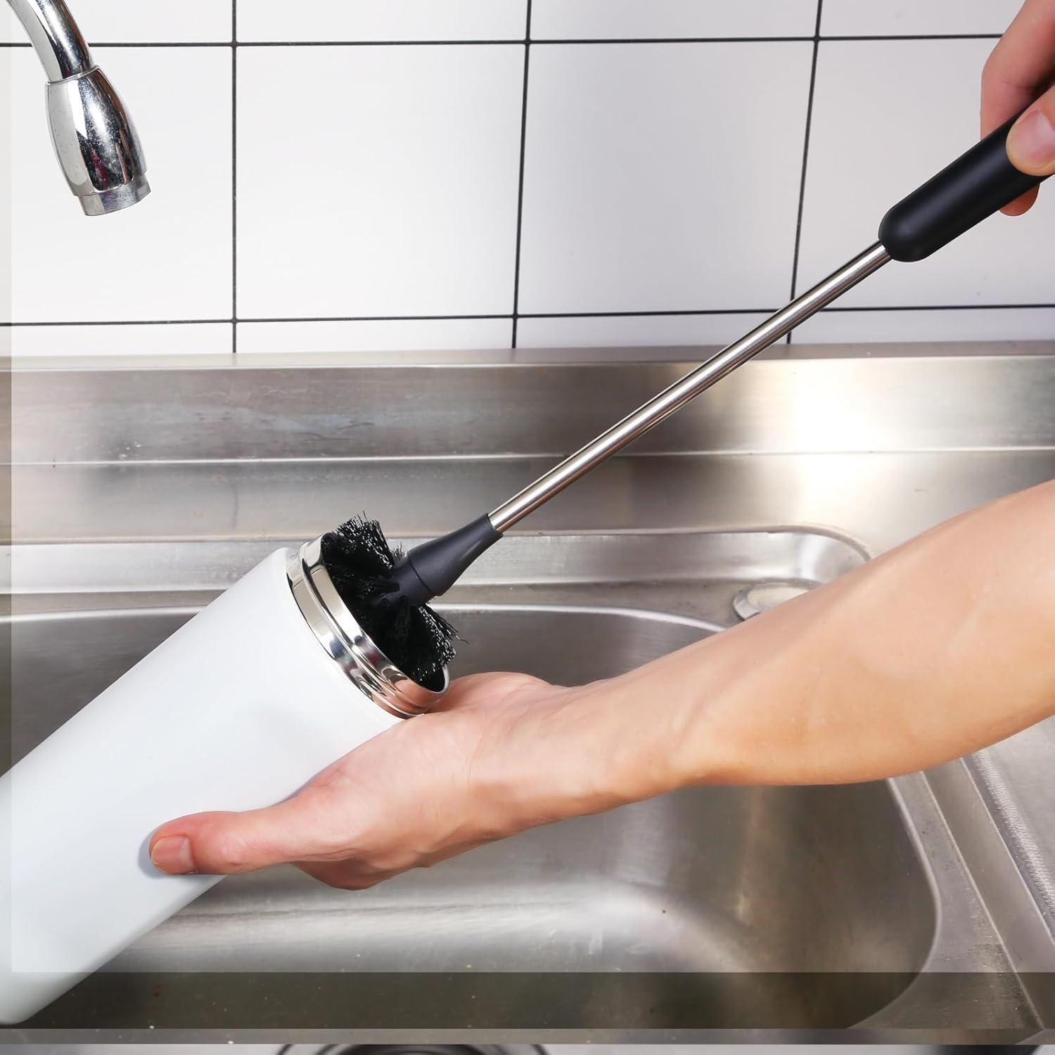 Water Bottle Brush: 3-Piece Set with Bottle Brush, Straw Brush, Lid Brush. Stainless Steel Handle, 15-Inch Long, Ideal for Cups, Wine Glasses, Mugs&mdash;Practical Kitchen Cleaning Tools, Black. image number 6