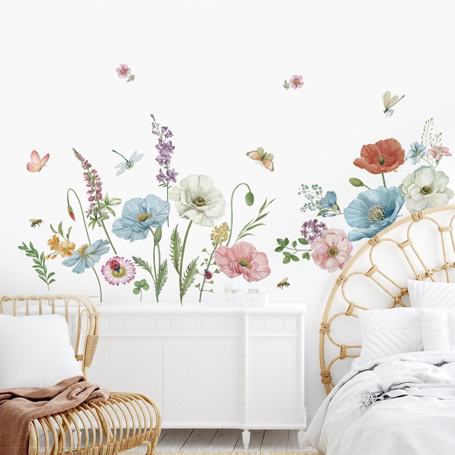 Wondever Watercolor Poppy Floral Wall Stickers Garden Flower Peel and Stick Wall Art Decals for Bedroom Living Room TV Wall image number 3