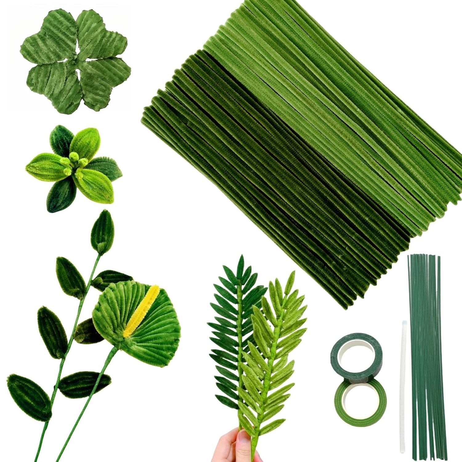 200 Pcs Green Pipe Cleaners(Dark & Light) and 15 Green Foral Wires,2 Gardening Tapes,Hot Glue Stick,Pipe Cleaners for Crafts,Flower Making Kit,Pipe Cleaner Flowers image number 4