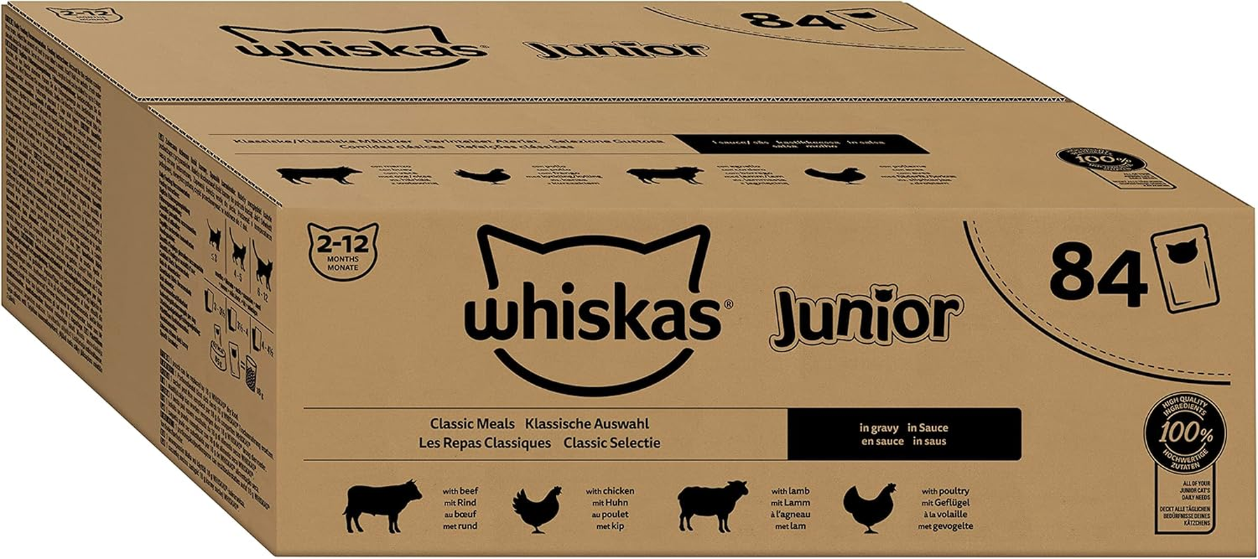 WHISKAS Junior Kitten Meal, Cat Bag, Pack of 84 85G Fresh Sachets, 4 Varieties in Sauce, Complete and Balanced Wet Kitten Food