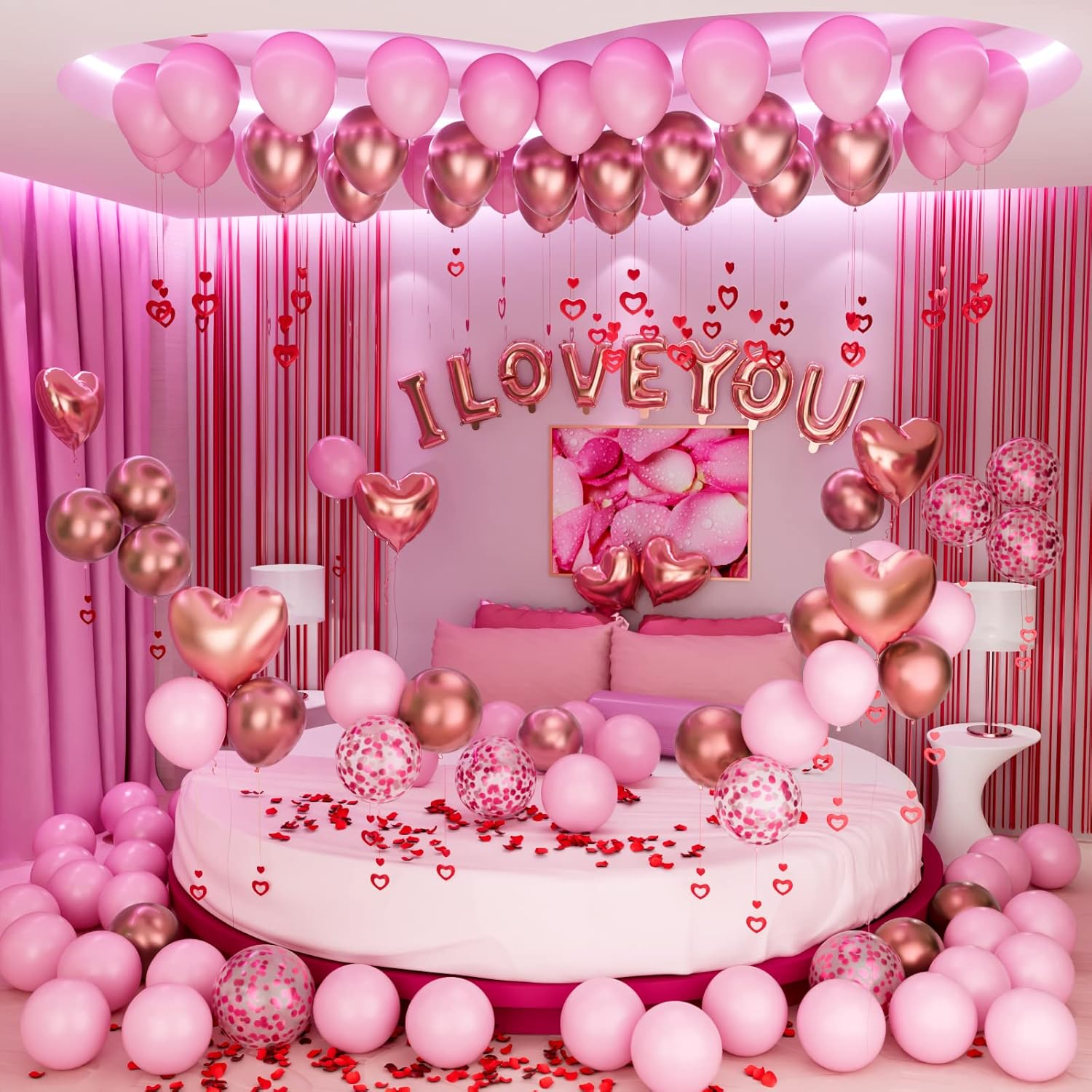 Bonropin Valentines Day Balloons Kit Rose Gold Pink Heart Balloons with Rose Petals I Love You Balloons for Anniversary Mothers Day Wedding Romantic Decorations Special Night