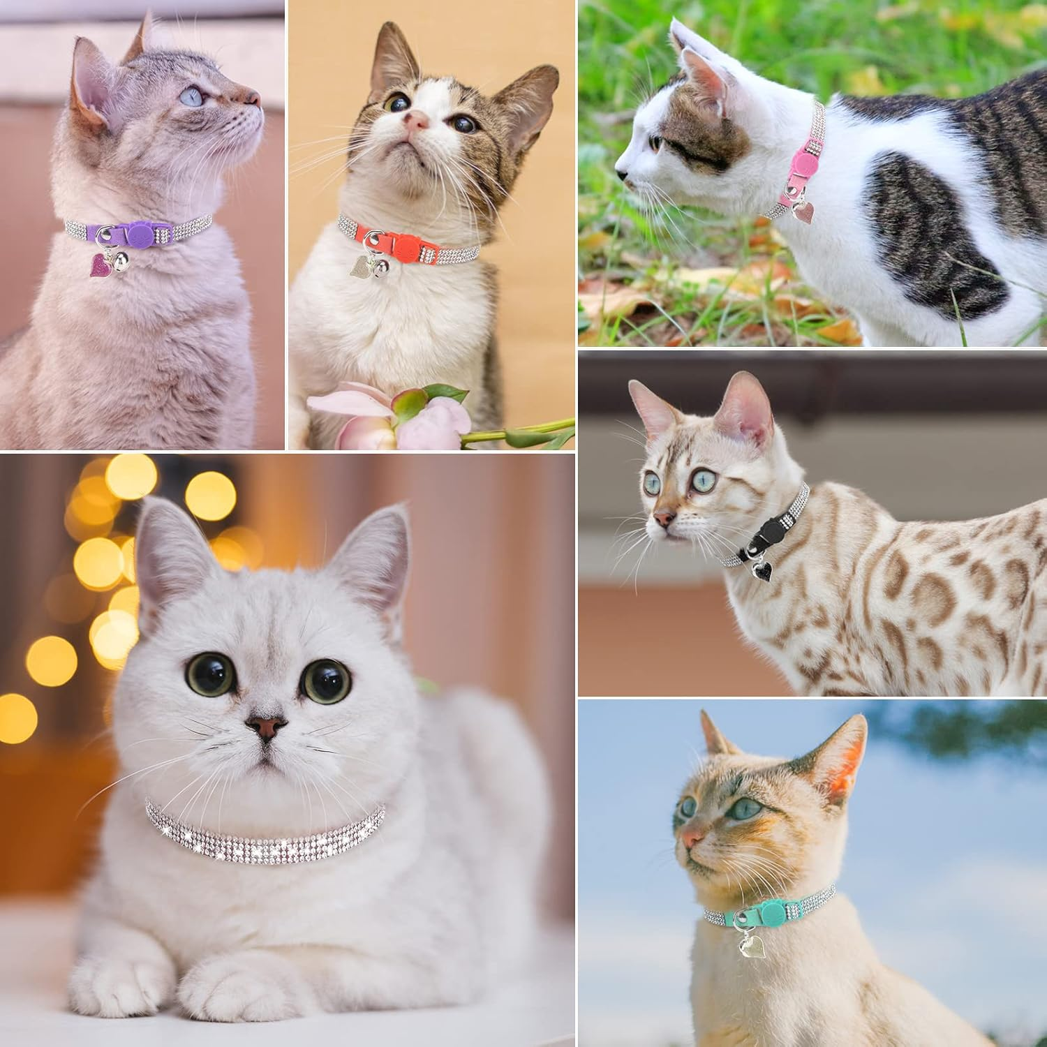 DILLYBUD Rhinestone Cat Collar Breakaway with Bell, Diamond Cat Collar with Safety Buckle Quick Release for Girl Boy Small Kitten Pets Puppy,Cute Soft Female Male Cat Collars, Color Green 8-12" image number 5