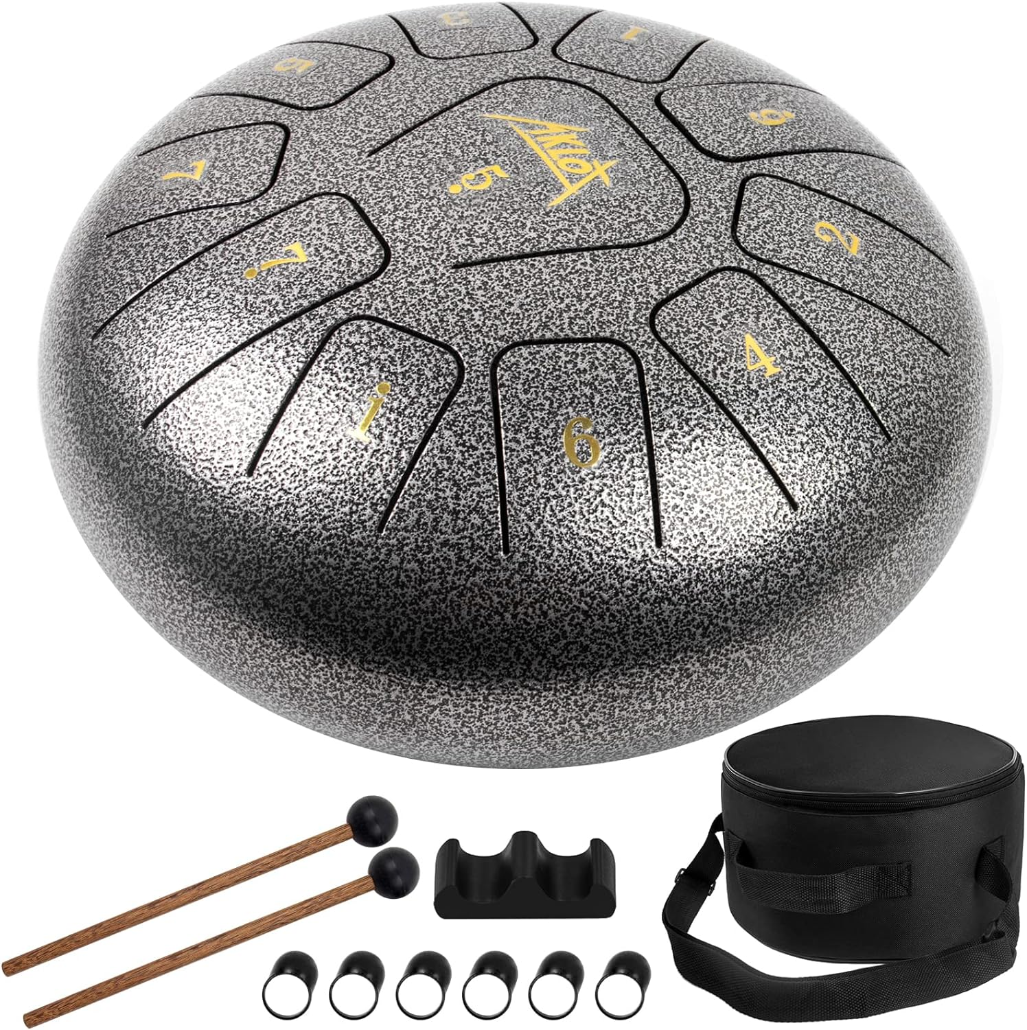 Steel Tongue Drum, AKLOT 10 Inch 11 Notes Tank Drum C Key Percussion Steel Drum Kit W/Drum Mallets Note Stickers Finger Picks Mallet Bracket and Gig Bag image number 2